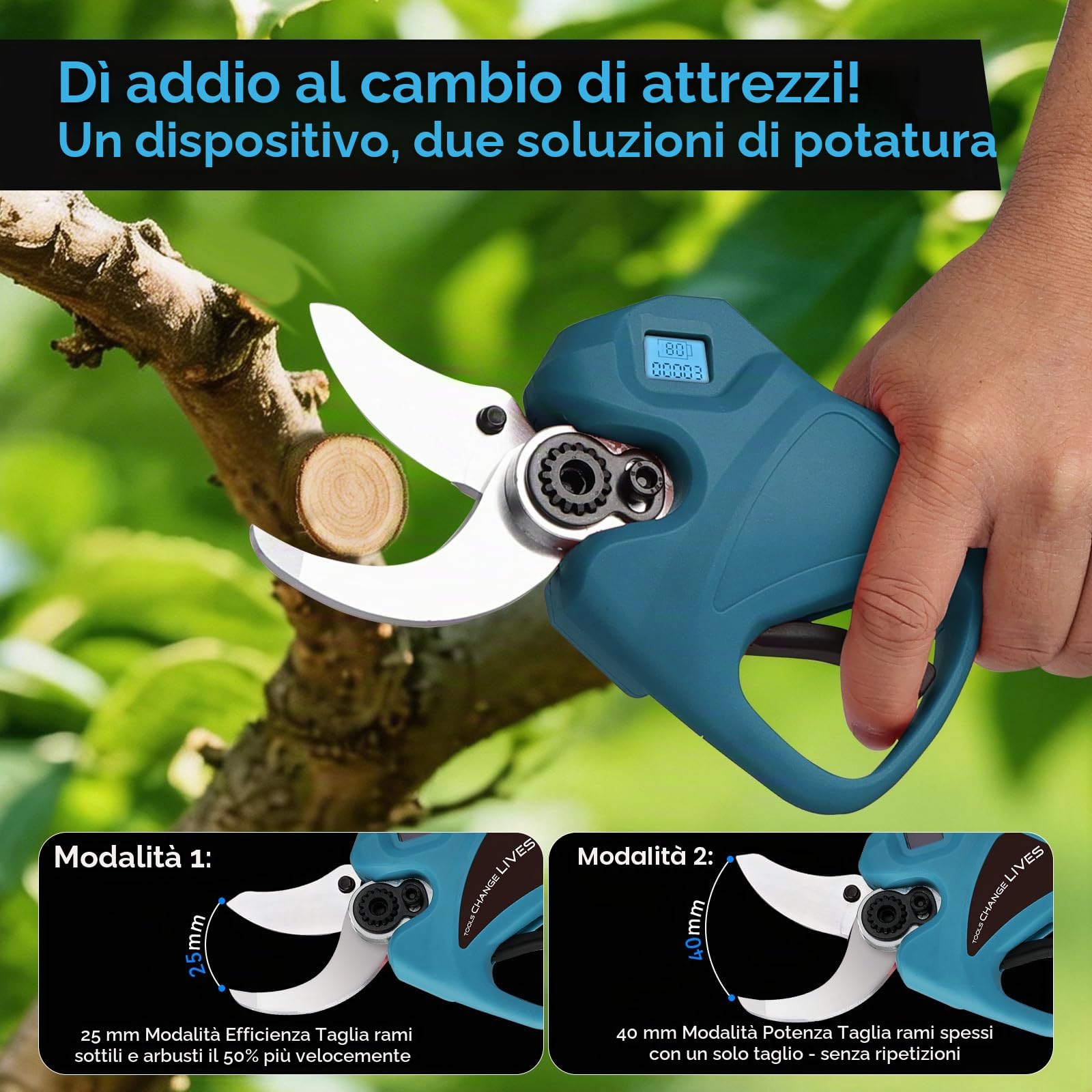 Forbici Potatura a Batteria 40mm 2x21V Batterie 2.0Ah, Telescopica 244cm Cesoie Elettriche Professionali per Giardino e Frutteto, con Display LCD per Frutteto Giardino Parco Fattoria