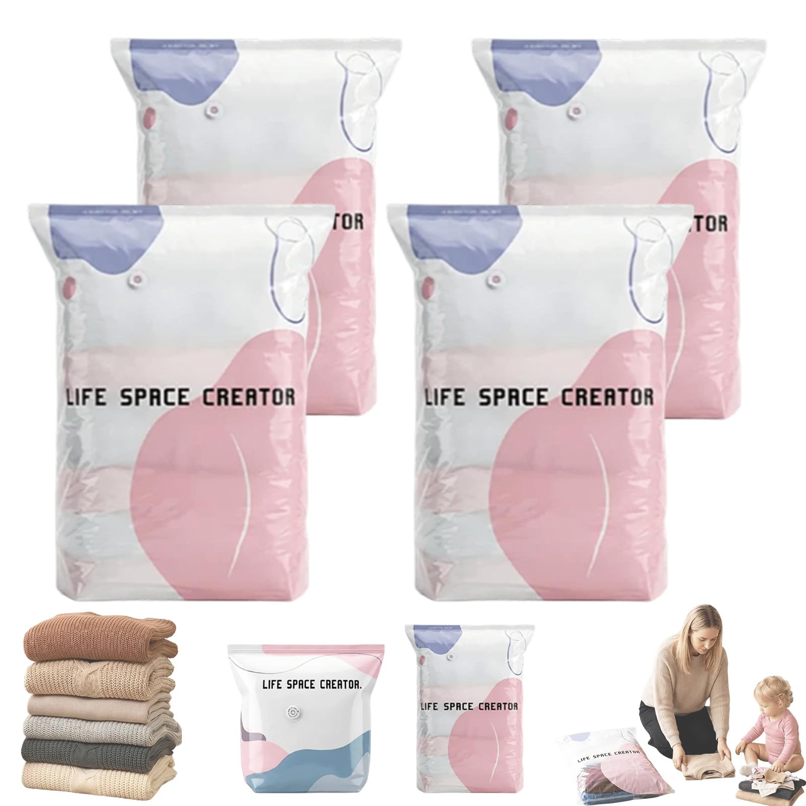 3D Vacuum Storage Bags Without Pump, Vacuum Bags for Clothes Travel, Space Saving Compression Bags Without Pump for Clothes Duvets Pillows, Reusable(H)