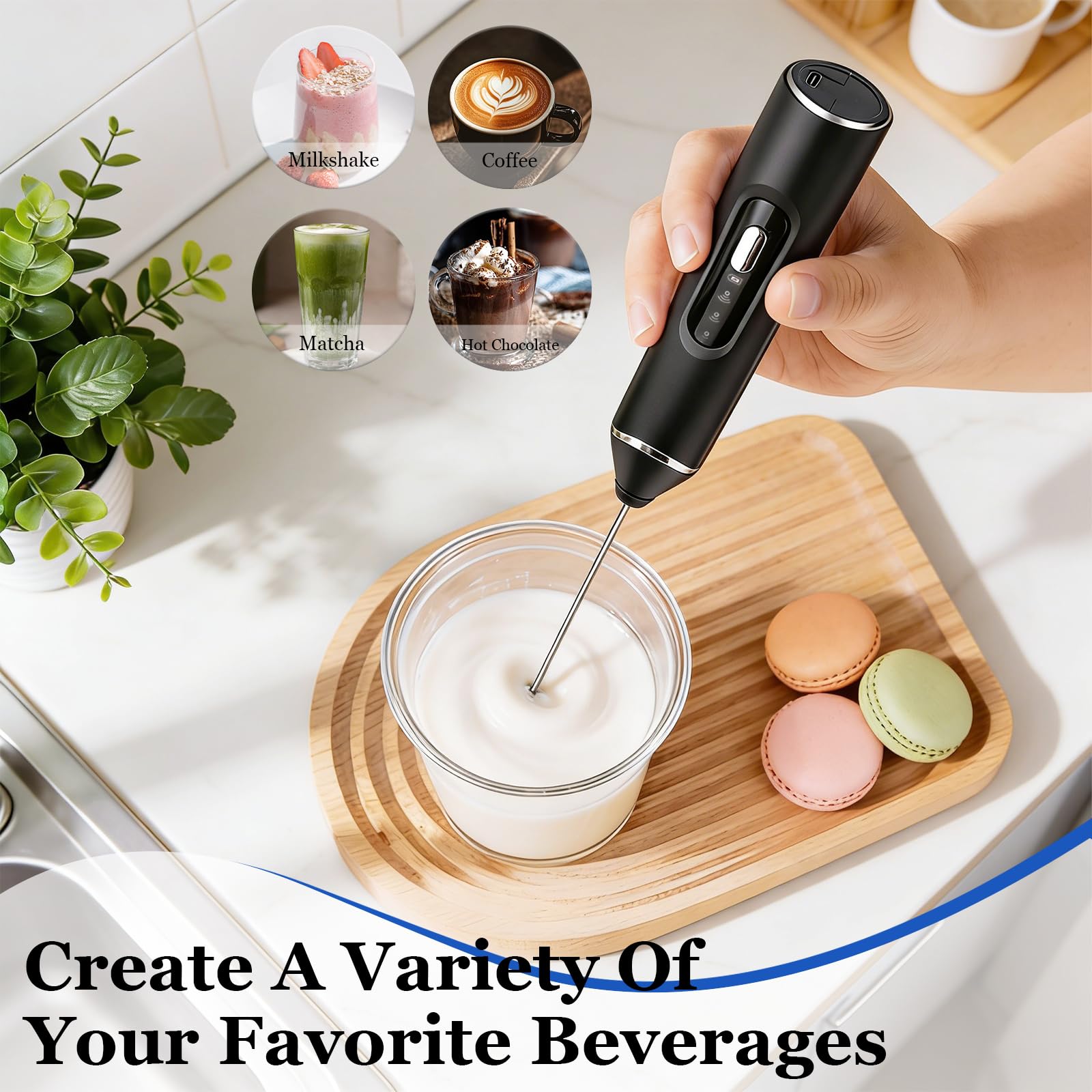 Mousseur à Lait Électrique, USB Rechargeable Mousseur a Lait，Mousseur à Lait en Acier Inoxydable, 2 Vitesses Petit Mixeur pour Café avec 2 têtes Mini Fouet Matcha, Latte, Cappuccino, Matcha - 2