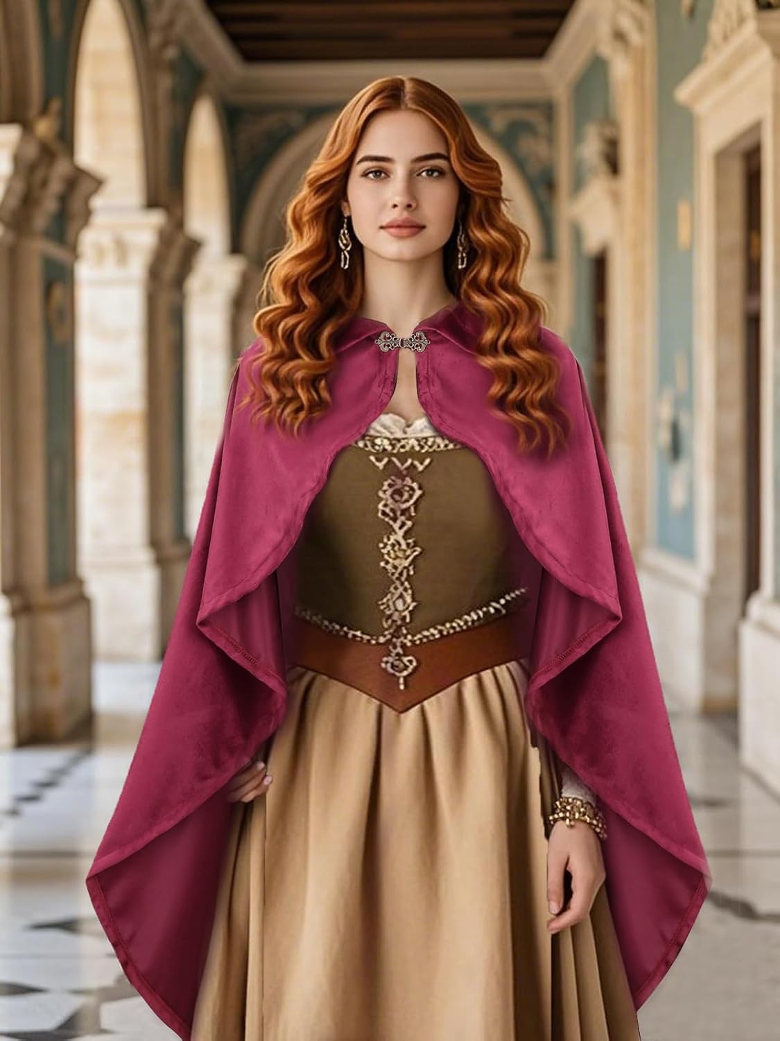 GRAJTCIN Women's Renaissance Hooded Cape Medieval Cloak for Adult Short Steampunk Velvet Cape Halloween Costume - Image 7