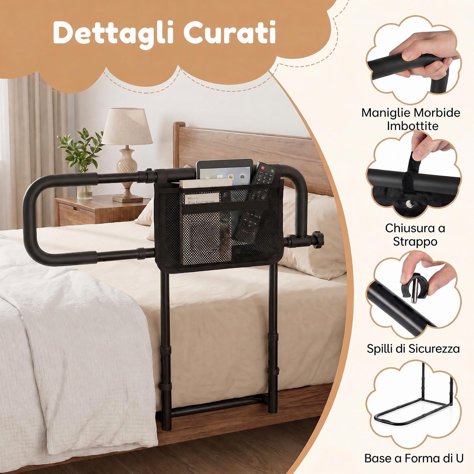 RELAX4LIFE Sponda Letto Anziani, Altezza e Larghezza Regolabili (Nero) | Sbarra Letto Pieghevole con Maniglia Imbottita e Tasca Portaoggetti Rimovibile, Ausili per Alzarsi per Anziani e Pazienti