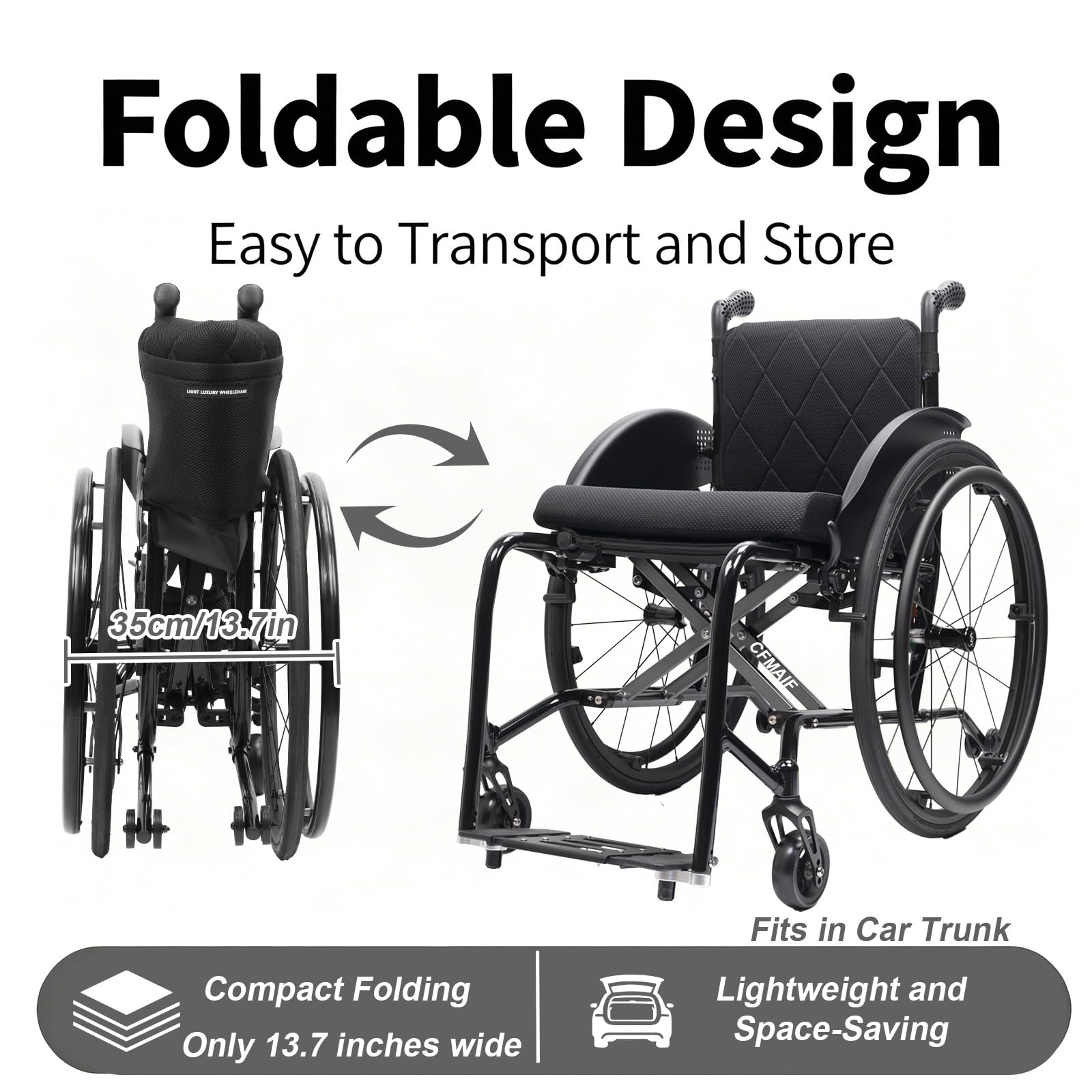 Sedia a rotelle pieghevole Leggera,Carrozzina ad autospinta | Da Transito, in alluminio, Freno di Stazionamento, poggiapied rimovibili, per adulti(B,44cm/17.3in Seat)