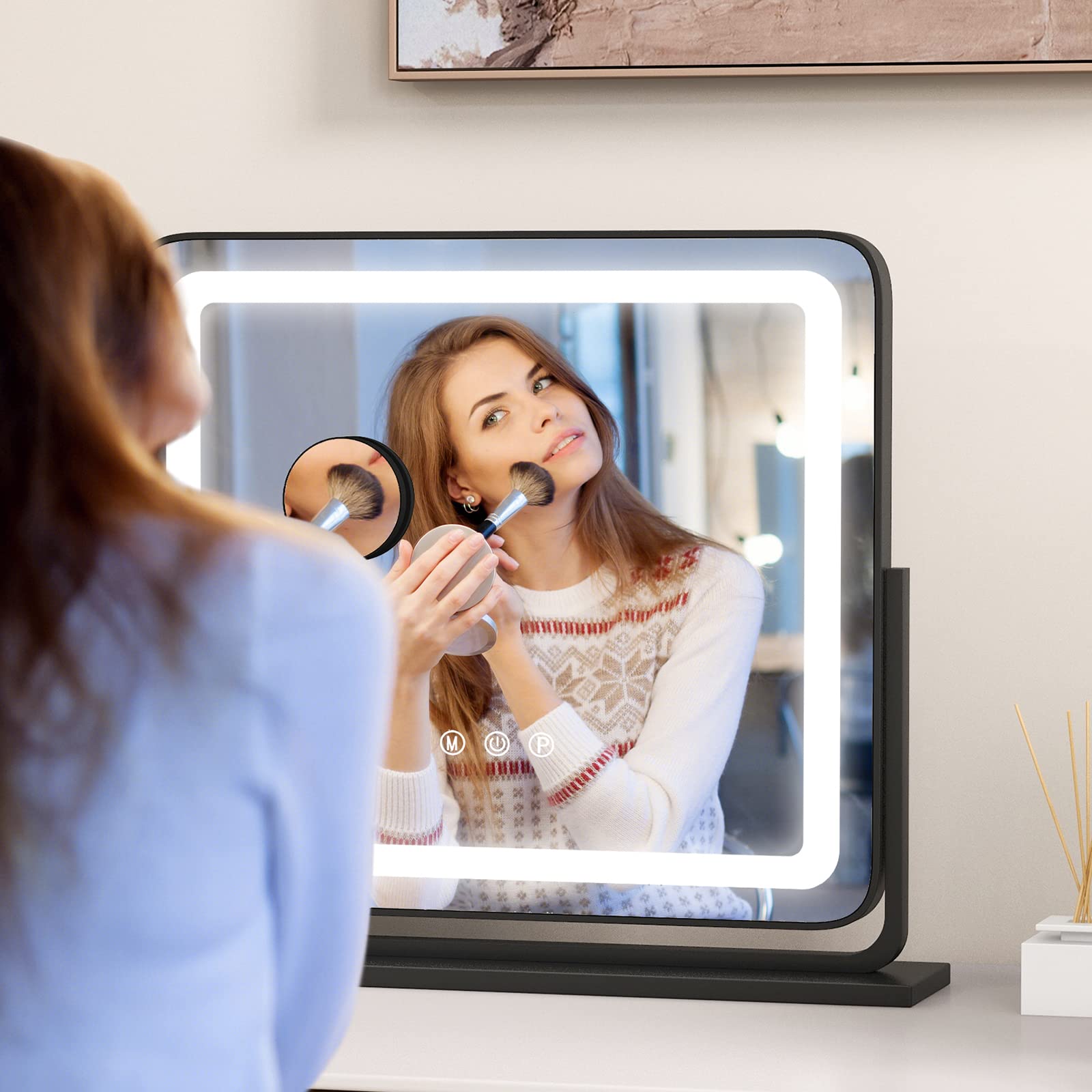 COSTWAY Espejo Maquillaje de Luz Led, Espejo Tocador con 3 Modos de Iluminación de Color, Espejo con Luz, Pantalla de Control Táctil y Rotación de 360°, 50 x 44cm