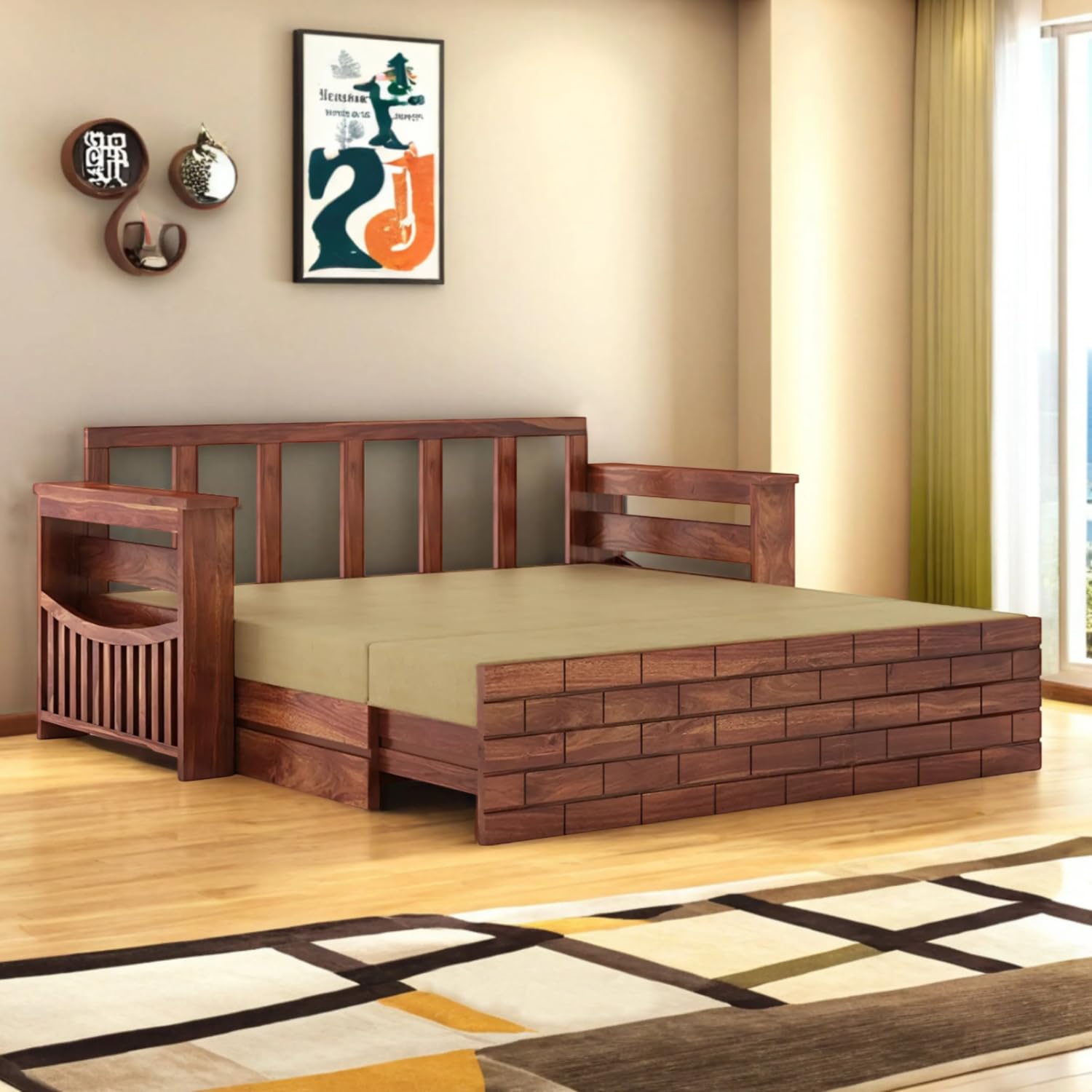 MAMTA DECORATION Solid Sheesham Wood 3 Seater Sofa Cum Bed With Drawer and Side Pocket Storage | Wooden Italian Bed With Headboard | Multipurpose Sofa Furniture for Home and Living Room (Honey Finish) MAMTA DECORATION Solid Sheesham Wood 3 Seater Sofa Cum Bed With Drawer and Side Pocket Storage | Wooden Italian Bed With Headboard | Multipurpose Sofa Furniture for Home and Living Room (Honey Finish)