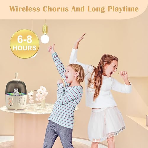 Miniatura 5 de Máquina portátil de karaoke Bluetooth y 2 micrófonos inalámbricos para niñas y niños con coro inalámbrico, luz ambiental, sonido estéreo 3D para