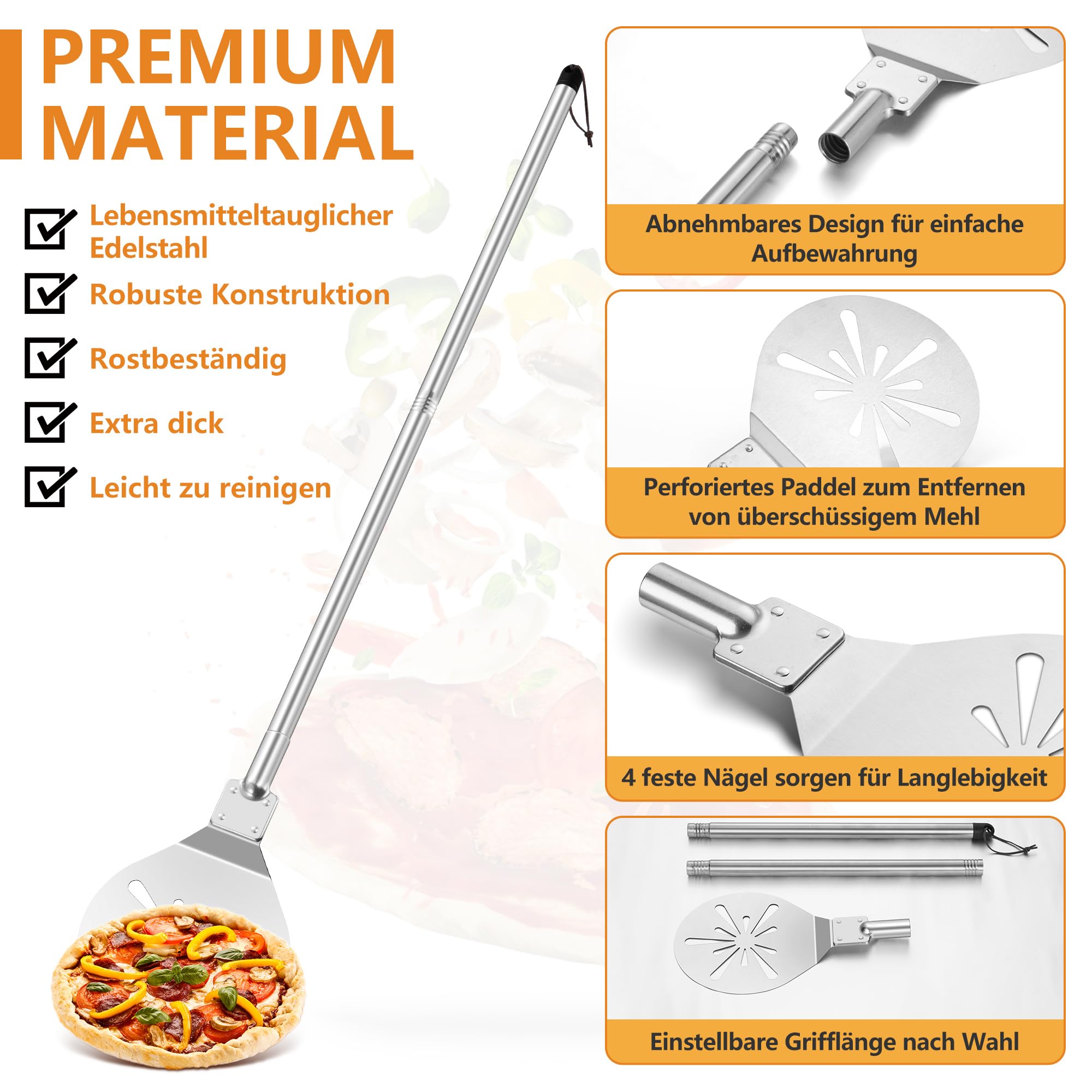 Herogo Pelle à pizza perforée en acier inoxydable de 20,3 x 22,3 x 118 cm avec longue poignée en métal amovible pour glisser facilement, facile à nettoyer et à stocker, 20,3 x 22,3 x 118 cm