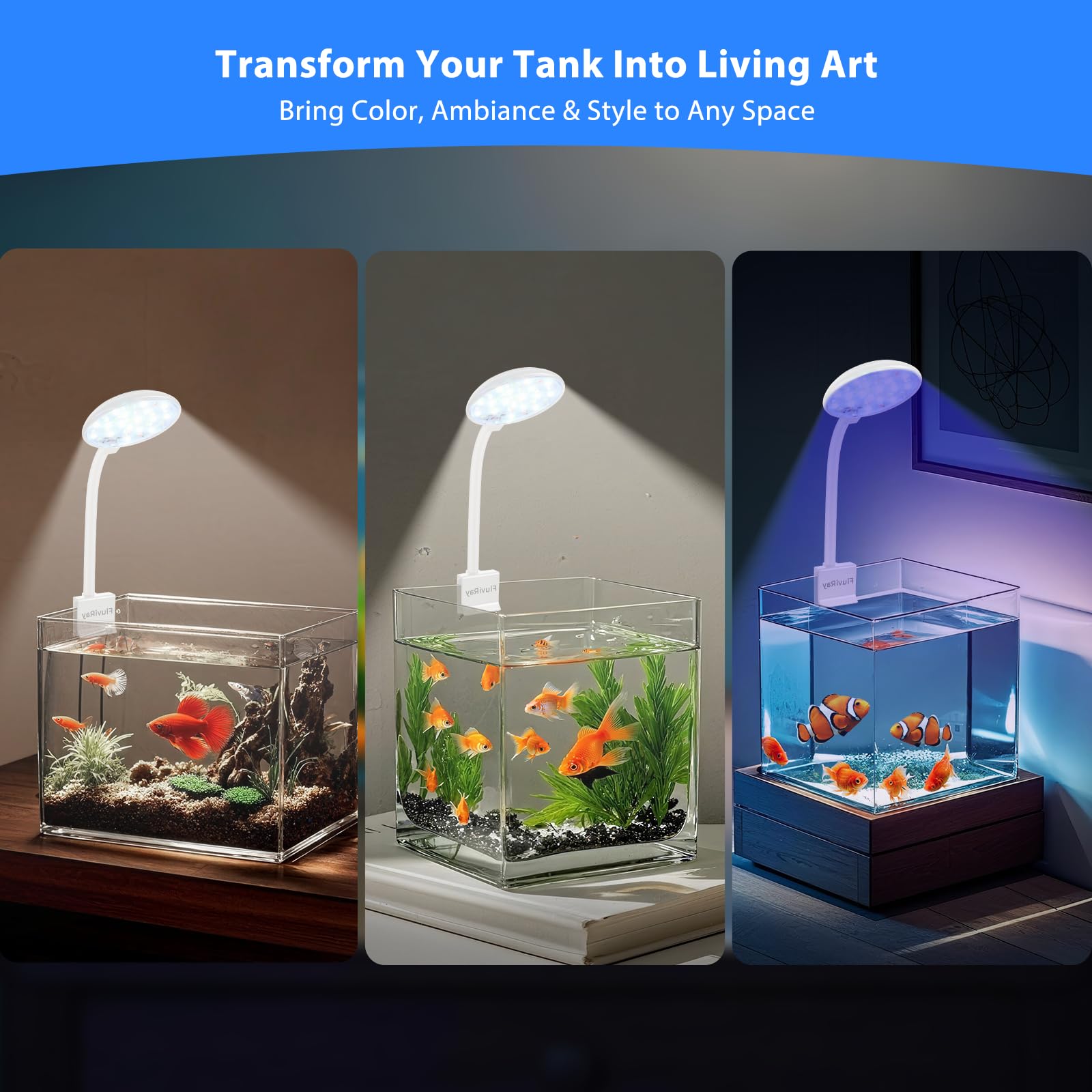 Mini Clip On Aquarium Licht 7W USB Dimmbar Fisch Tank Lampe mit 3 Lichtmodi (Weiß/RGB/Vollspektrum), 9-stufige Helligkeit, 360° Verstellbarer Schwanenhals für 1-3 Gallonen Tanks