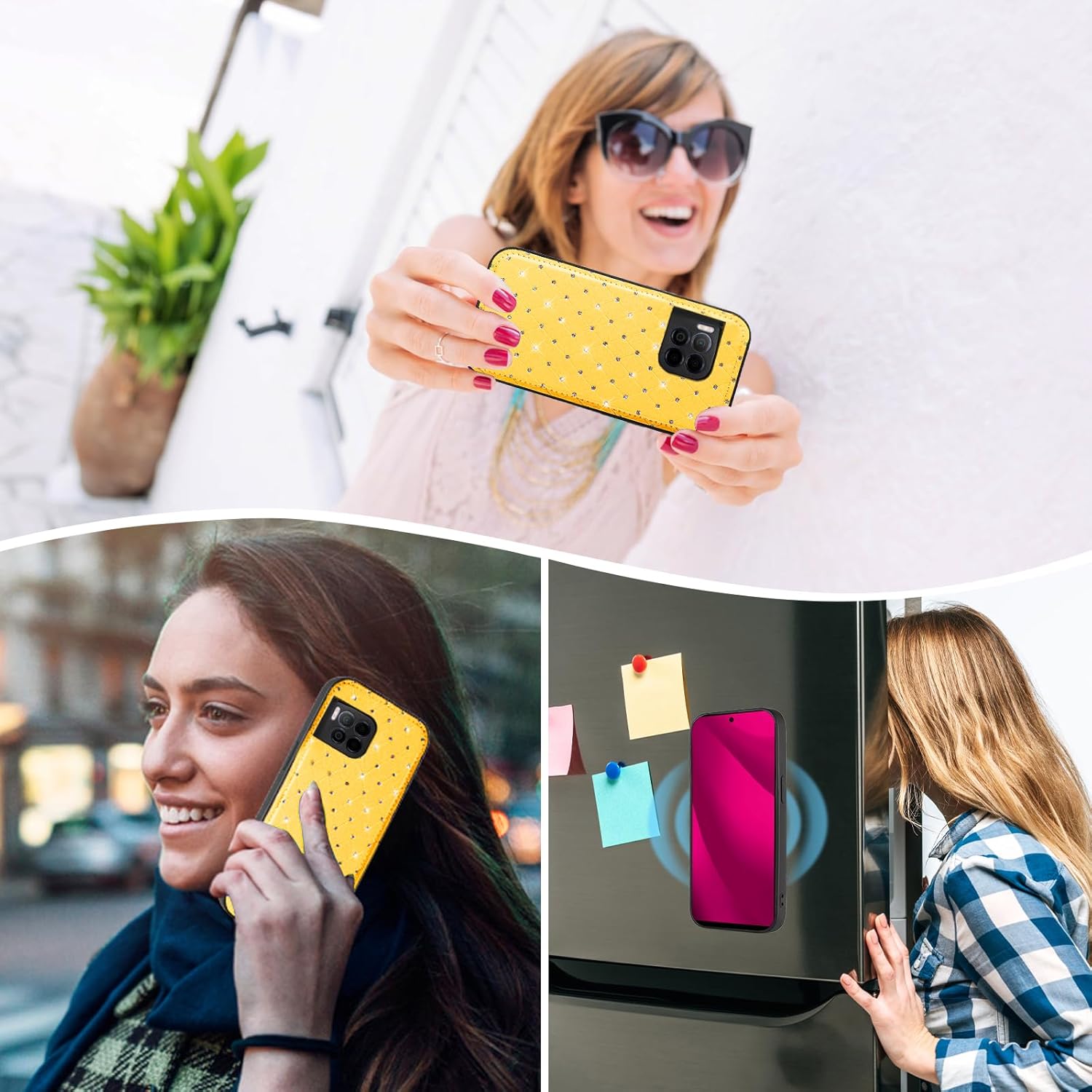 Asuwish Compatible with T-Mobile Revvl 7 Pro 5G Wallet Case Zipper Cell Screen Protector Crossbody Strap Glitter Flip Card Holder Phone Cover for Tmobile T Mobile Revel Tmo Revell Rebel Women Yellow