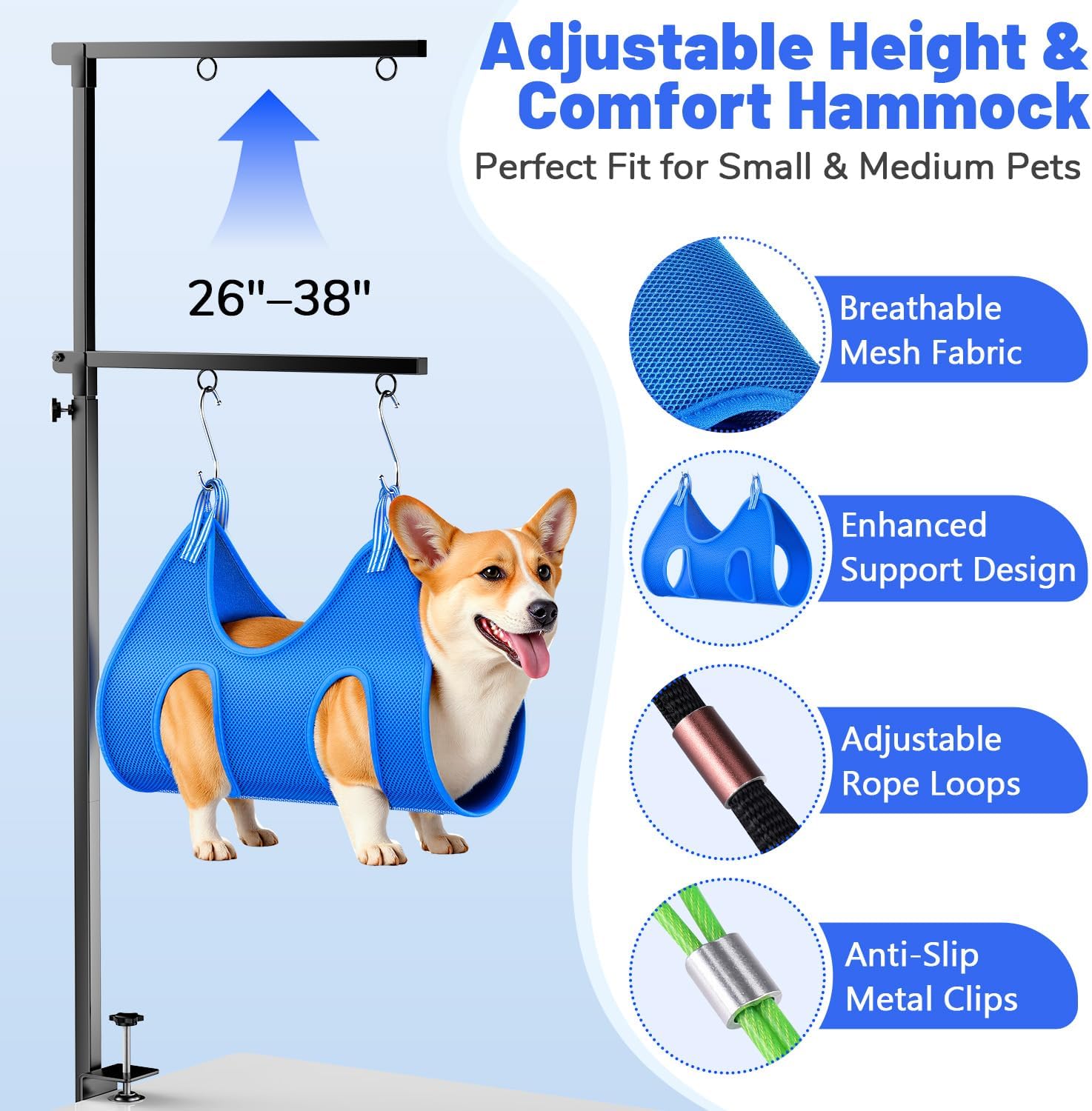 Dog Grooming Arm with Hammock, Adjustable 26"-38" Foldable Grooming Table Arm with Clamp & 2 No-Sit Holders, Heavy Duty for Small & Medium Dogs, Includes Nail Clippers (Table Not Included)