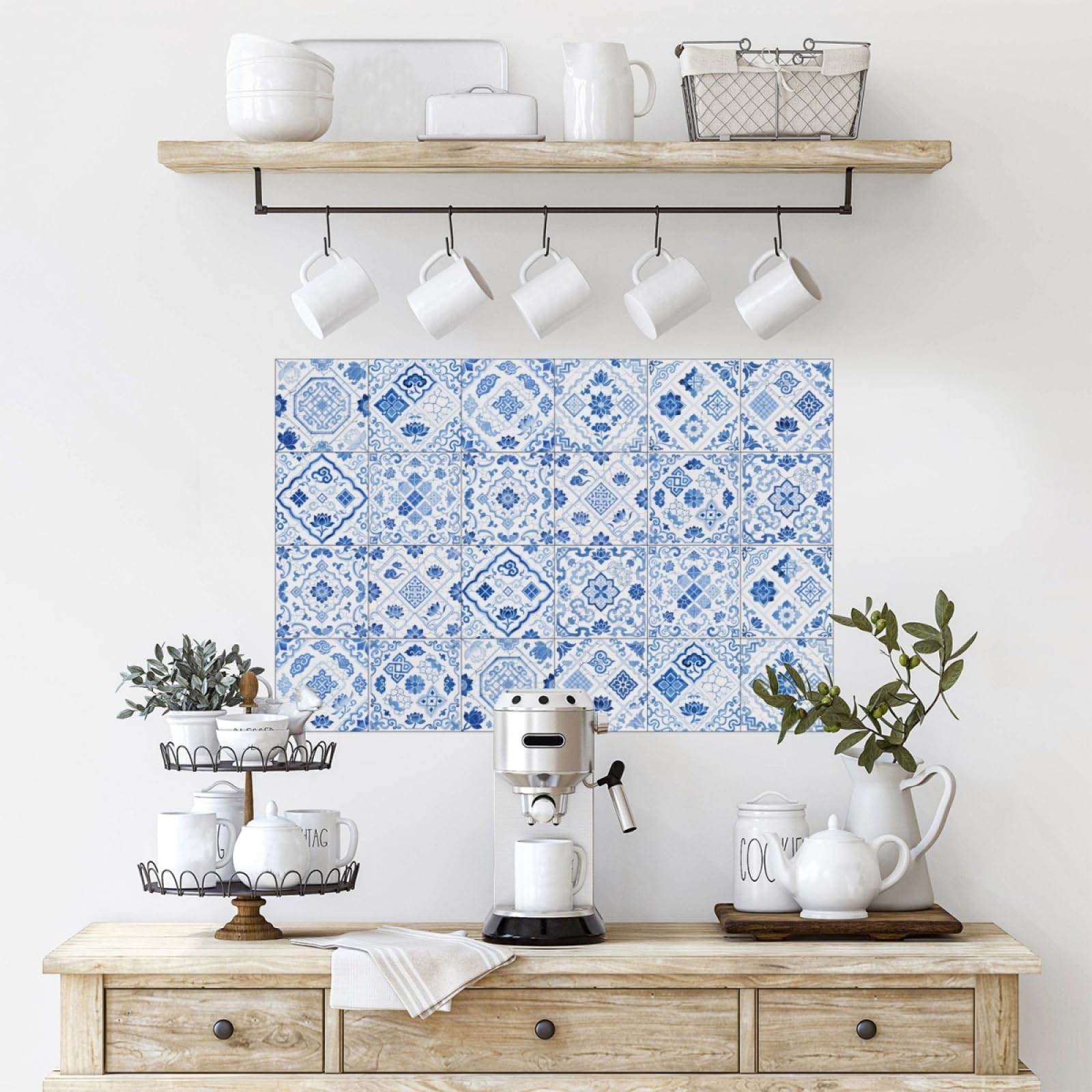 LMYSXAOZ Tile Stickers Lotus Blue White Stick on Kitchen Tiles Self Adhesive Wall PVC Peel and Covers Transfers Oil-Proof Splashbacks for Walls Removable 15x15cm/24 Pcs