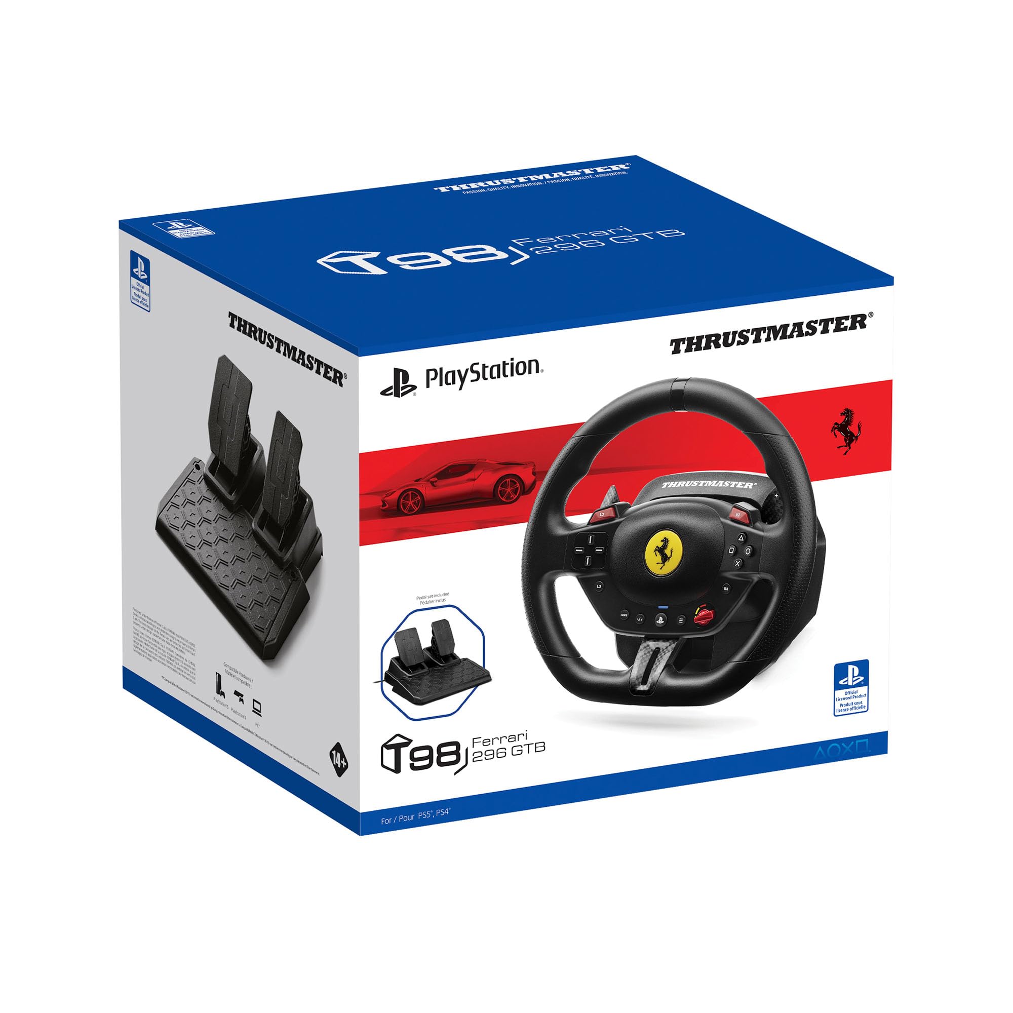 Thrustmaster T98 Ferrari 296 GTB Volante da Corsa con Pedali PS5 PS4 PC Replica Ufficiale Ferrari Tecnologia Bungee Cord Sensori Magnetici H.E.A.R.T