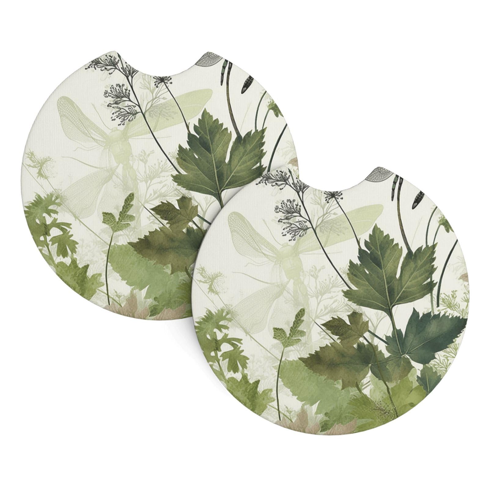 2 Pack Car Coaster for Cup Holders Foliage and Herbs with Dragonflies Winged Car Cup Coaster 2.7" Neoprene Non-Slip Automotive Cup Mat Universal Auto Car Interior Accessories for Women Men Cup Pad