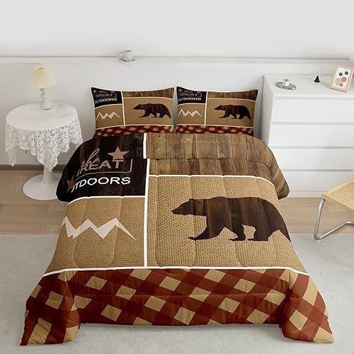 Miniatura 2 de Juego de edredón de oso para niñas y niños, edredón rústico de vida silvestre occidental para habitación, decorativo, al aire libre, montañas, juego