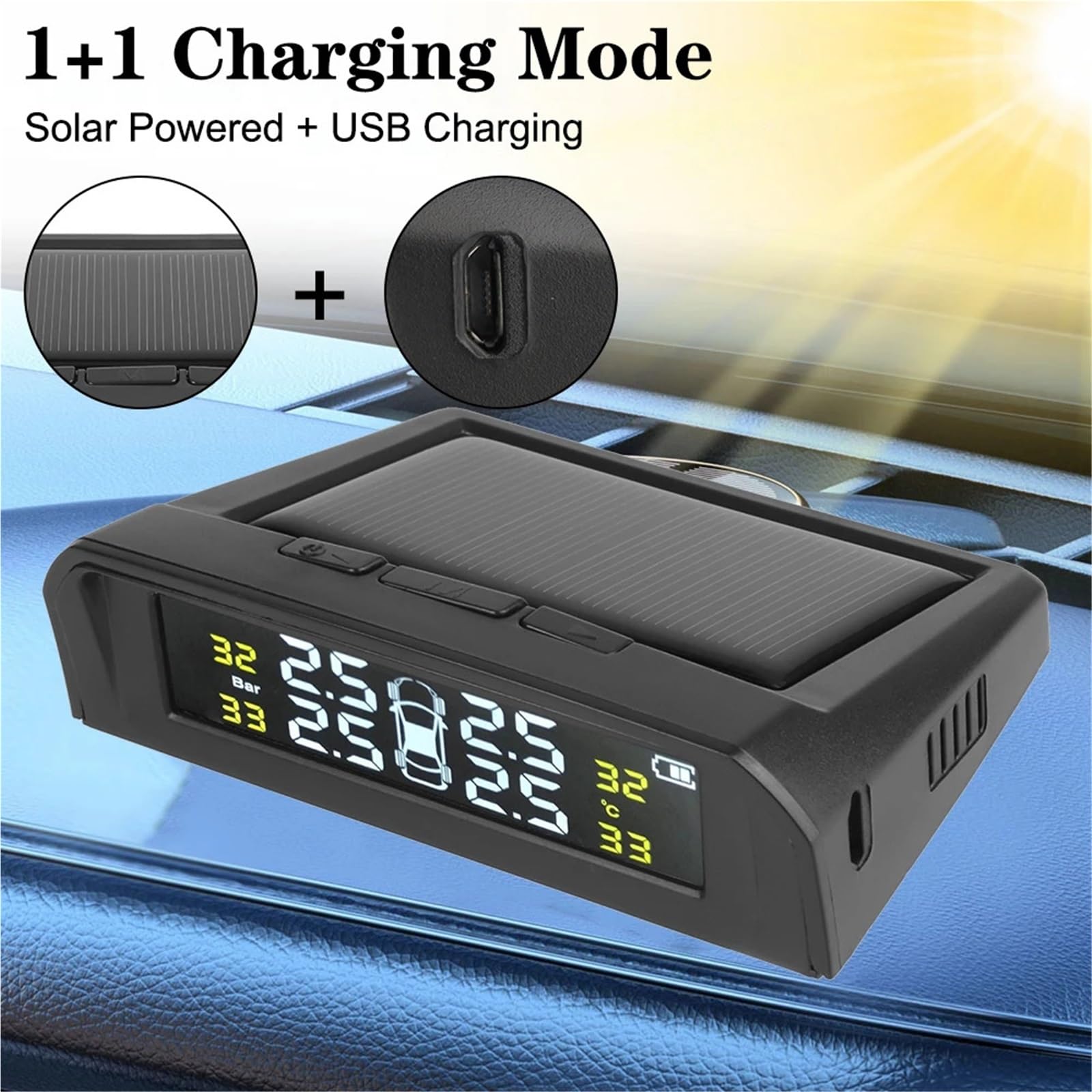 Inalámbrico Presión Neumáticos para Alerta Inteligente Temperatura Y 4 Sensores Externos, Pantalla LCD TPMS para Coche Medidor Digital de Presión de Neumáticos