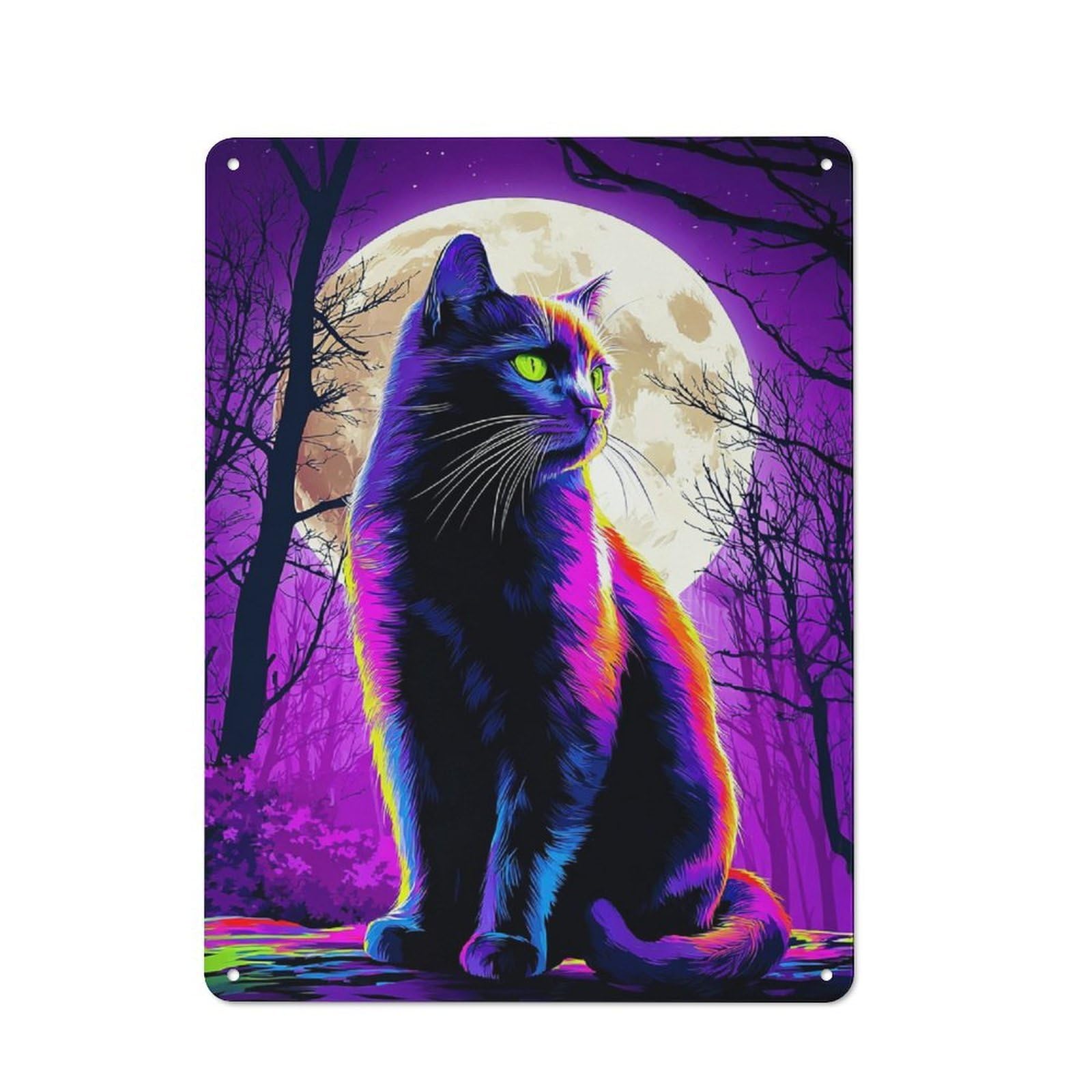 Junmoney Neon Moonlit Cat Retro Metal Sign 40X30cm For Living Room Or Hallway, For Updating Living Room And Hallway After Moving
