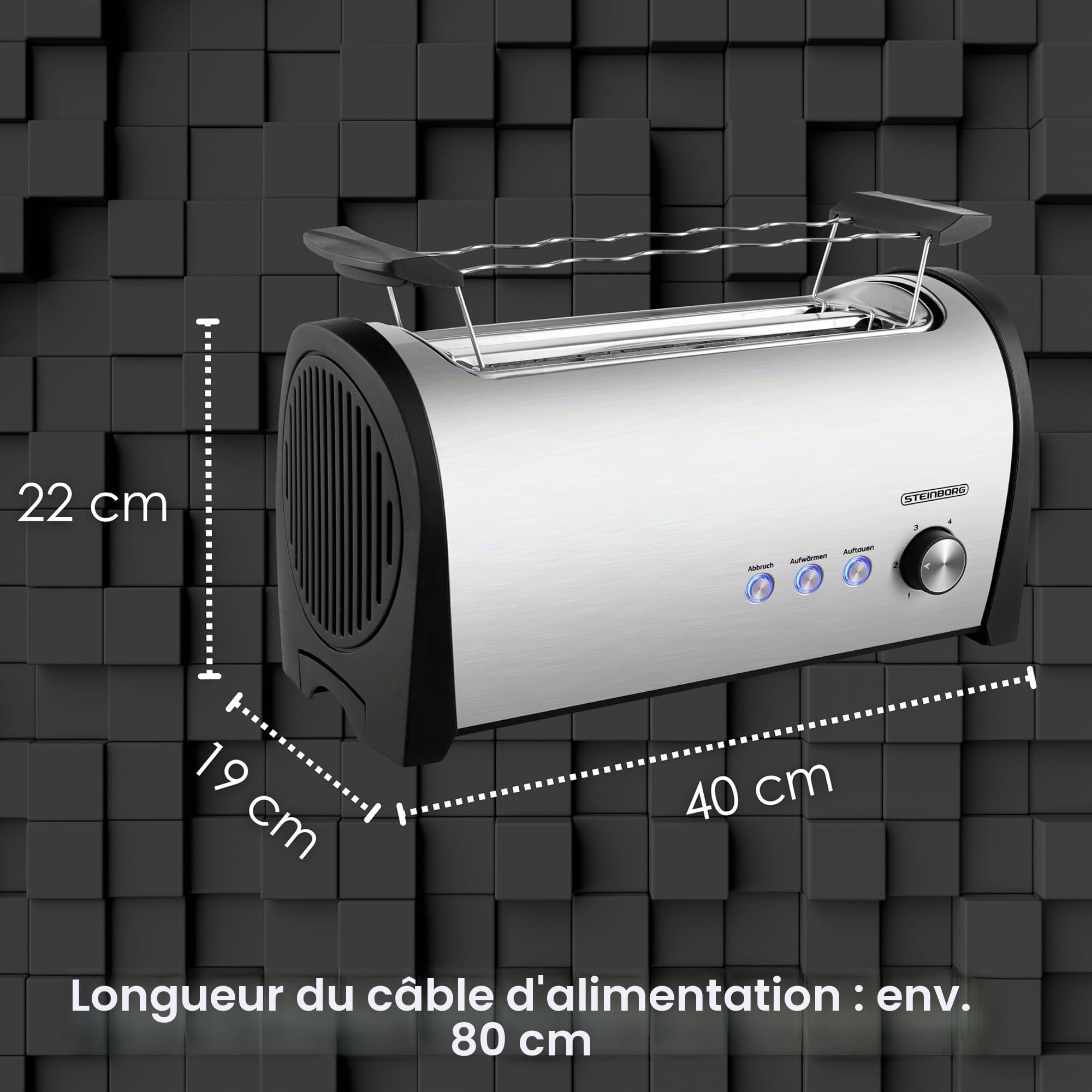 Steinborg Grille-pain 4 tranches avec grille à viennoiseries XXL - En acier inoxydable - Éclairage LED bleu - Arrêt automatique - Double fente - Grille-pain familial