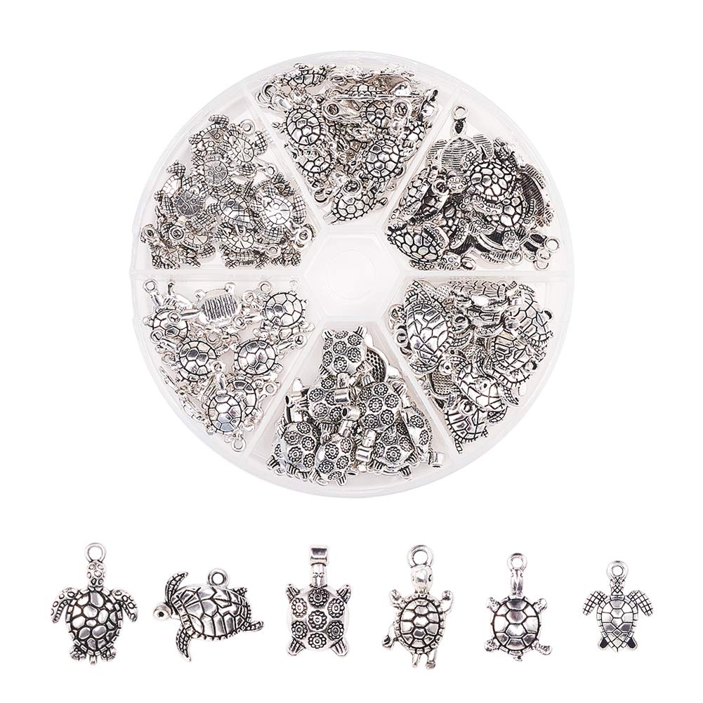 PH PandaHall 90 pcs 6 Styles Tibetan Style Sea Turtle Shape Alloy Pendants Charm Spacer Beads for Bracelet Necklace Jewellery DIY Craft Making, Antique Silver