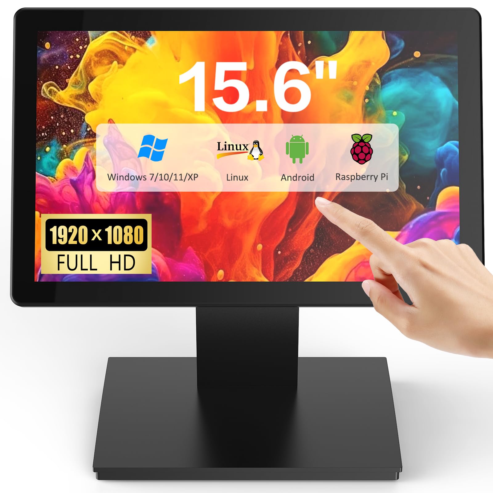 Monitor POS con Pantalla táctil de 15.6 Pulgadas, Pantalla IPS FHD de 1920 × 1080, táctil capacitiva de 10 Puntos, con Entrada HDMI/VGA, Soporte de Metal Resistente para Restaurante, Bar