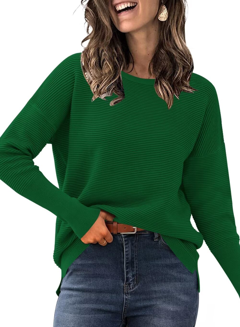 Wkior Womens Crewneck Pullover Sweater Long Sleeve Knit Side Slit 2025 Fall Winter Batwing Sweater Tops
