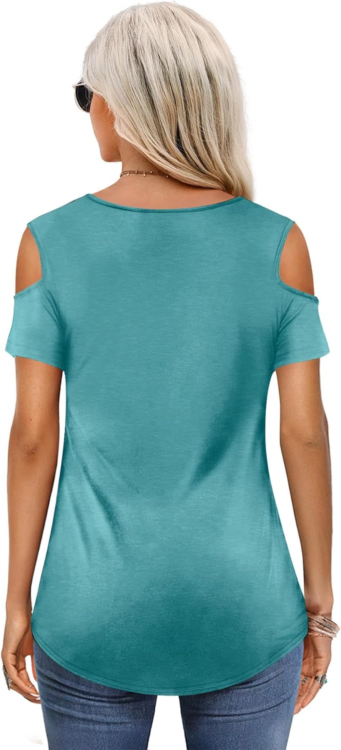 Amoretu Womens Short Sleeve Cold Shoulder Basic Tee Tops Shirts - Image 2