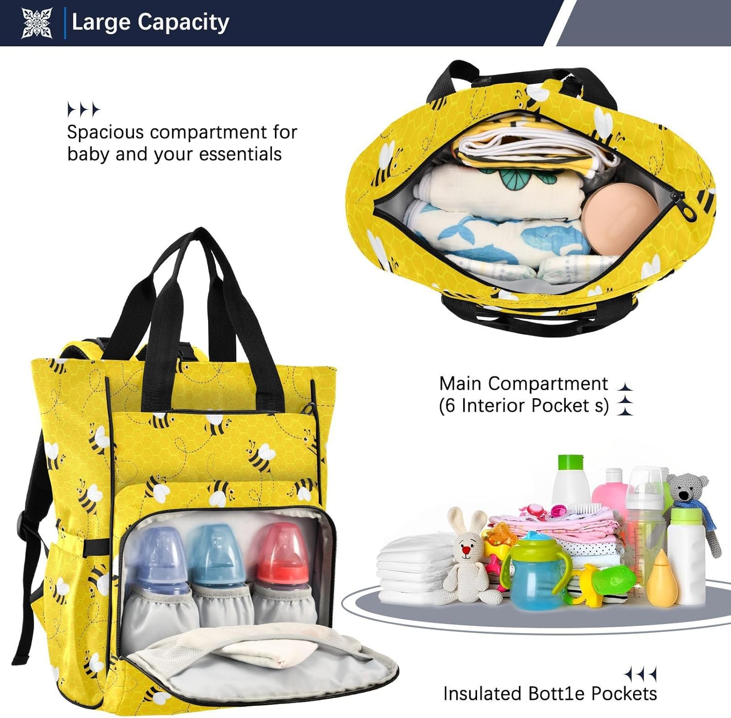 Emelivor Bees Honeycomb Diaper Bag Backpack Insulated Pockets Organizer Bag Diaper Backpack for Boy Girl Unisex Baby Women Travel