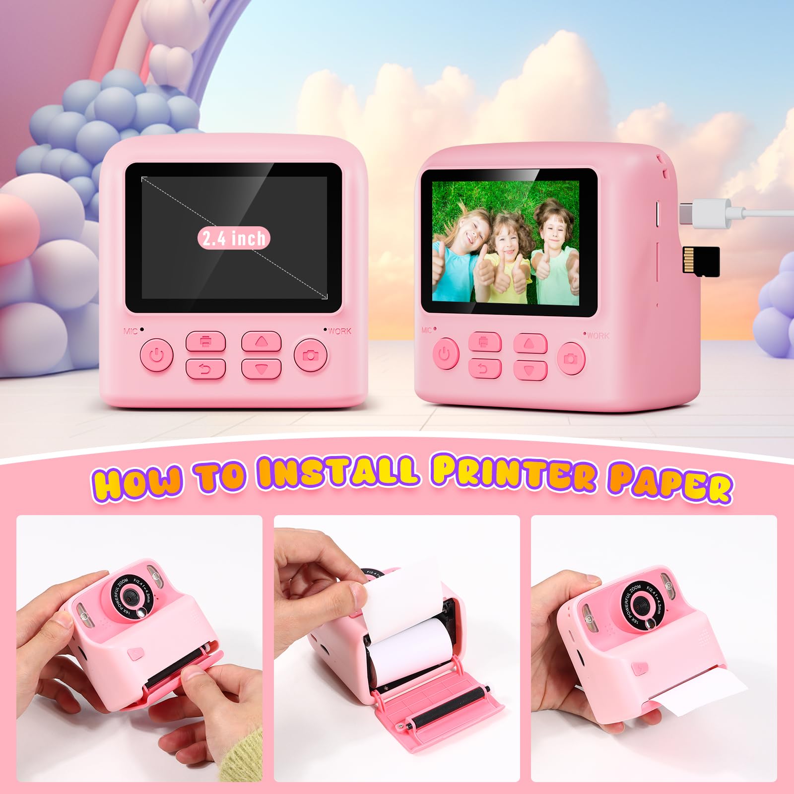 Appareil Photo Instantané Enfant, Kaishengyuan 2,4" 1080P Appareil Photo Enfant avec 32GB Carte & Papier d'impression, Stylos Colorés, Cadeau pour Filles Garçons de 3-12 Ans(Rose)