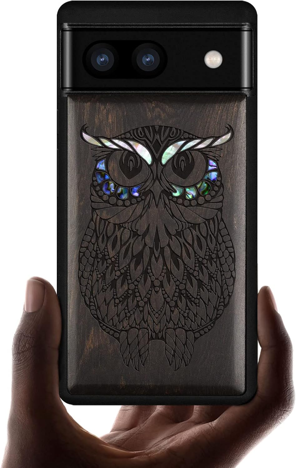 Carveit Designer Wooden Case for Google Pixel 6a Case Protective Cover [Wood Engraving & Shell Inlay] Unique Wood Phone Case Compatible with Pixel 6a (Owl-Rosy)