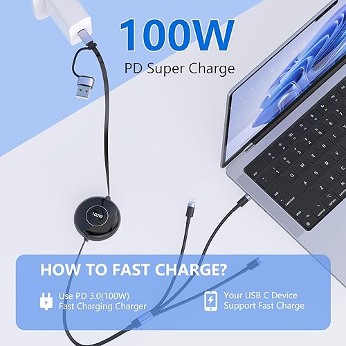 Miniatura 3 de Cable de carga USB C a múltiple de 100 W, cable de carga retráctil para iPhone 15 con tipo C 100 W+IP 27 W+Micro USB 10 W cargador de teléfono