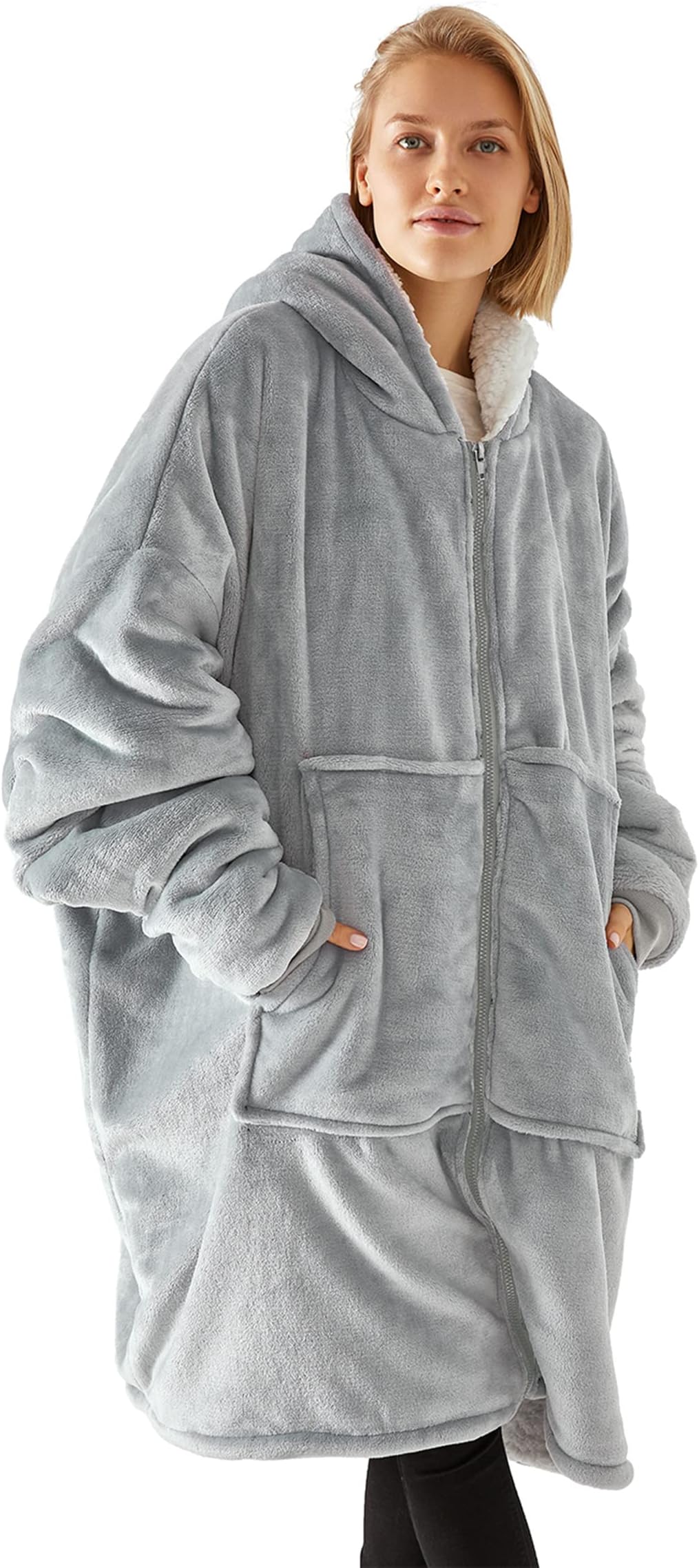 VancavooHoodie Blanket Oversized Sherpa Sweatshirt Women Hoodies and Men with Zipper Deep Pocket Flannel Blanket Long Sleeves Giant Warm Clothes Ladies Pullover Big Jacket with Hat