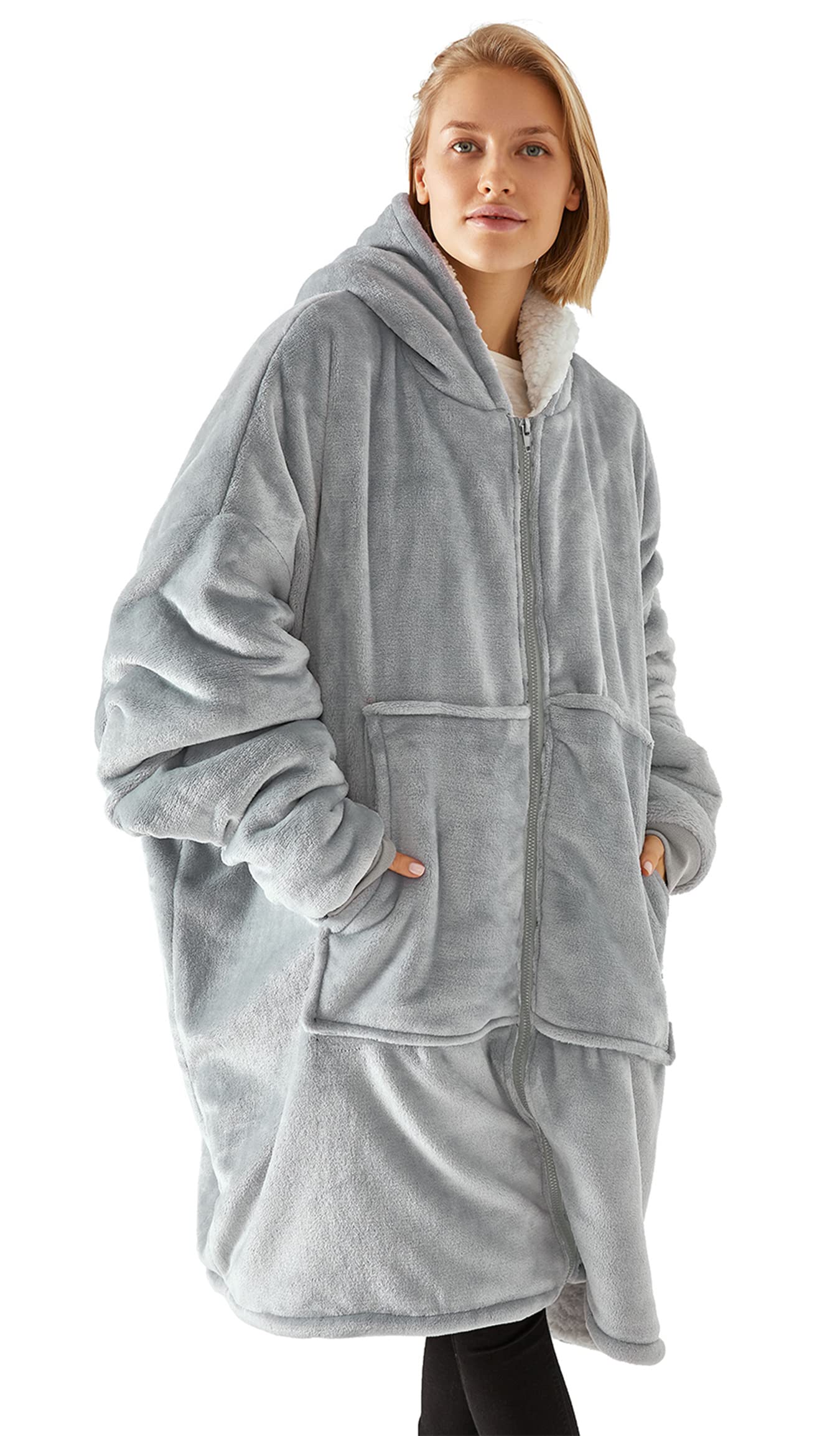 VancavooHoodie Blanket Oversized Sherpa Sweatshirt Women Hoodies and Men with Zipper Deep Pocket Flannel Blanket Long Sleeves Giant Warm Clothes Ladies Pullover Big Jacket with Hat