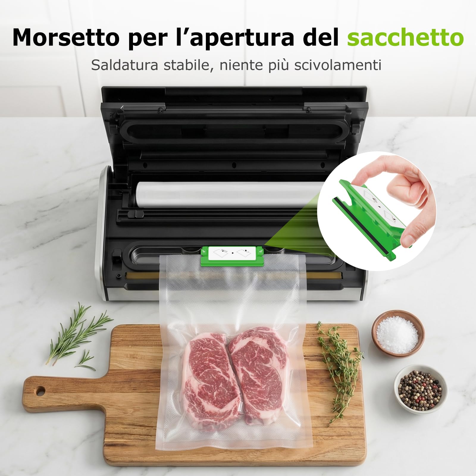 Bonsenkitchen Macchina Sottovuoto, Sigillatura Larga 5mm Antigoccia, Acciaio Inox, Una Mano & Pulse Secco/Umido, Macchina Sottovuoto ad Alte Prestazioni incl. 1 Rotolo & 10 Sacchetti, VS4200