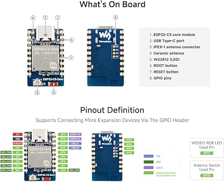 LUCKFOX ESP32-C5-Zero – Mini-Development-Board(without Pre-soldered Header), Dual Band WiFi 6 & BT 5 LE with Zigbee 3.0 Support, Ultra-Compact Mini IoT Development Board for ESP32-S3/C3