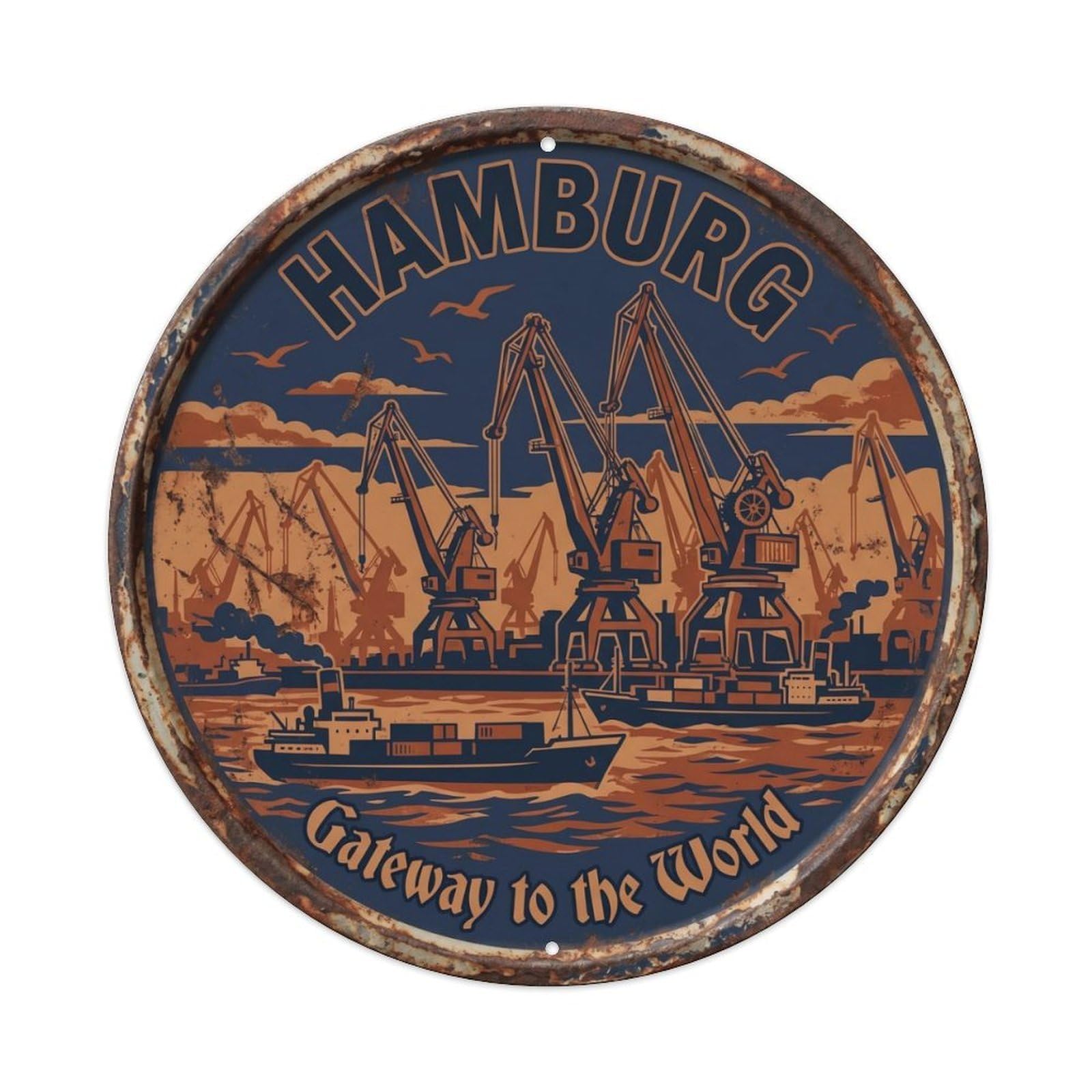 Harbor Industrial Workshop Gateway Metal Tin Sign Plaque Wall Decor for Cafe, Club Bar, Office, Home Garden Round Metal Poster 8x8Inch