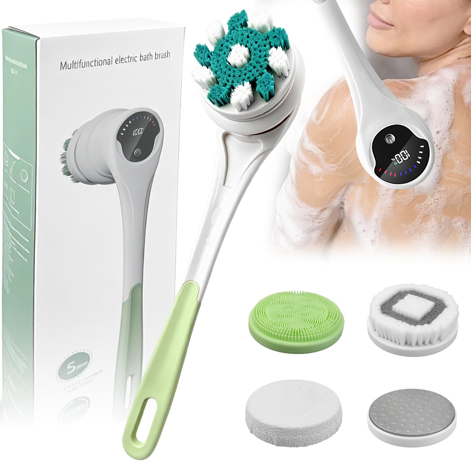 Rückenschrubber, Elektrischer Körperschrubber, Trockenbürste, IPX6 wasserdichte Körperbürste Wiederaufladbare USB-Aufladung mit Greenandle, Lotion-Applikator für Rücken, Grün
