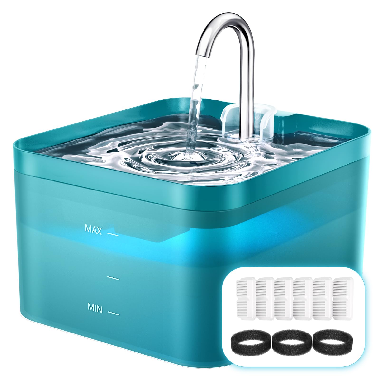 Fontana per gatti, filtro ai carboni attivi mantiene l'acqua pulita, design del rubinetto, anti sputtering, adatto per tutti i tipi di gatto (Verde-2.2L-6 Filtro + 3 Spugna)