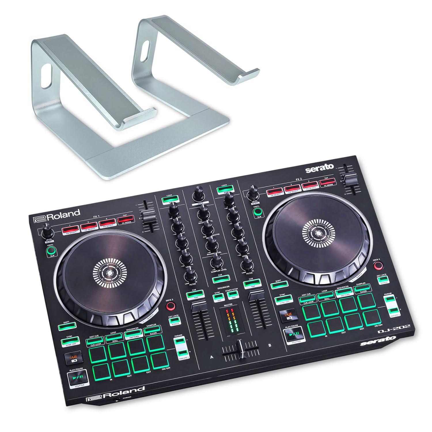 Roland DJ-202 2-Kanal 4-Deck USB-DJ-Controller mit keepdrum Laptopständer Silber