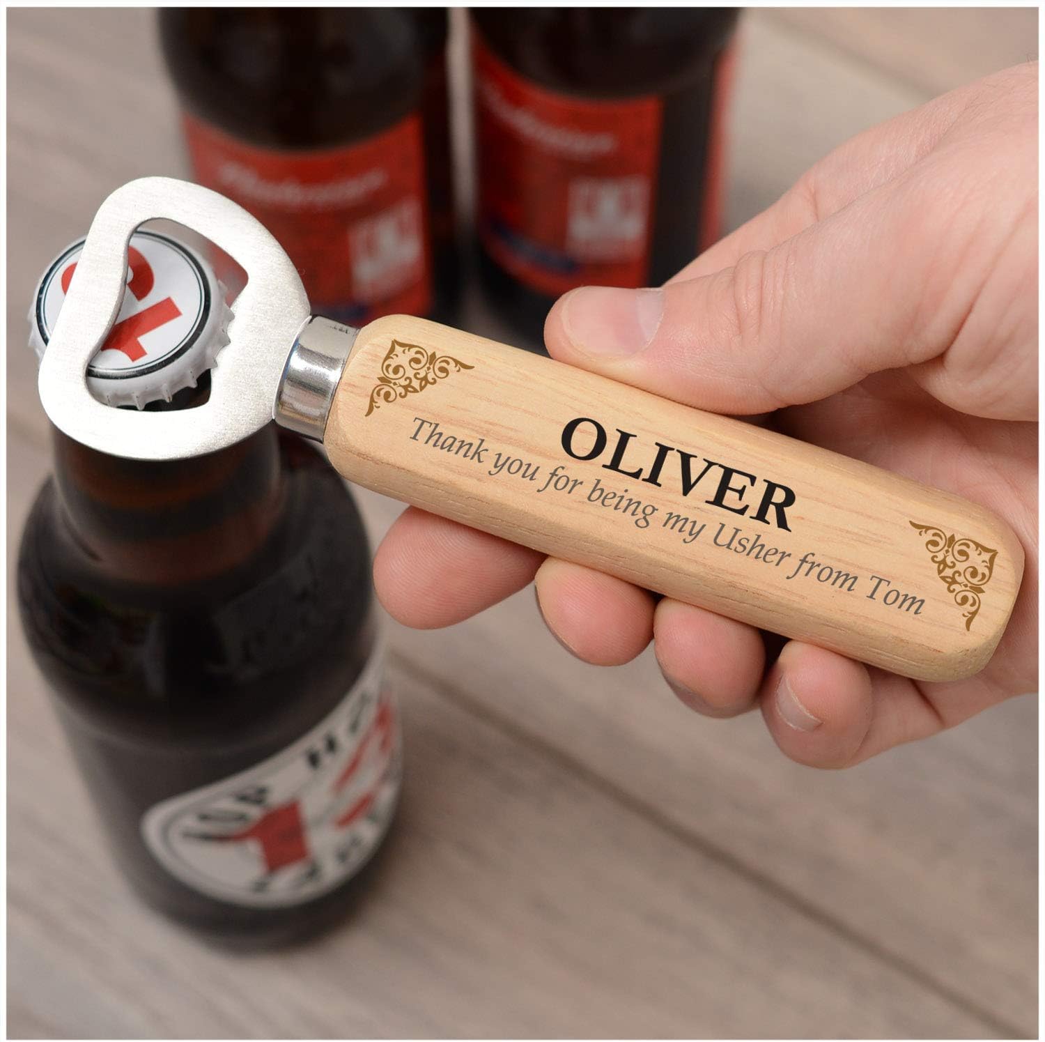 PERSONALISED Gifts from the Groom - Custom Wooden Bottle Opener Gifts for Usher, Best Man, Groomsmen - Thank You Gifts for Best Man, Usher, Groomsman, Brother, Friends, Him - Stag Party Gifts