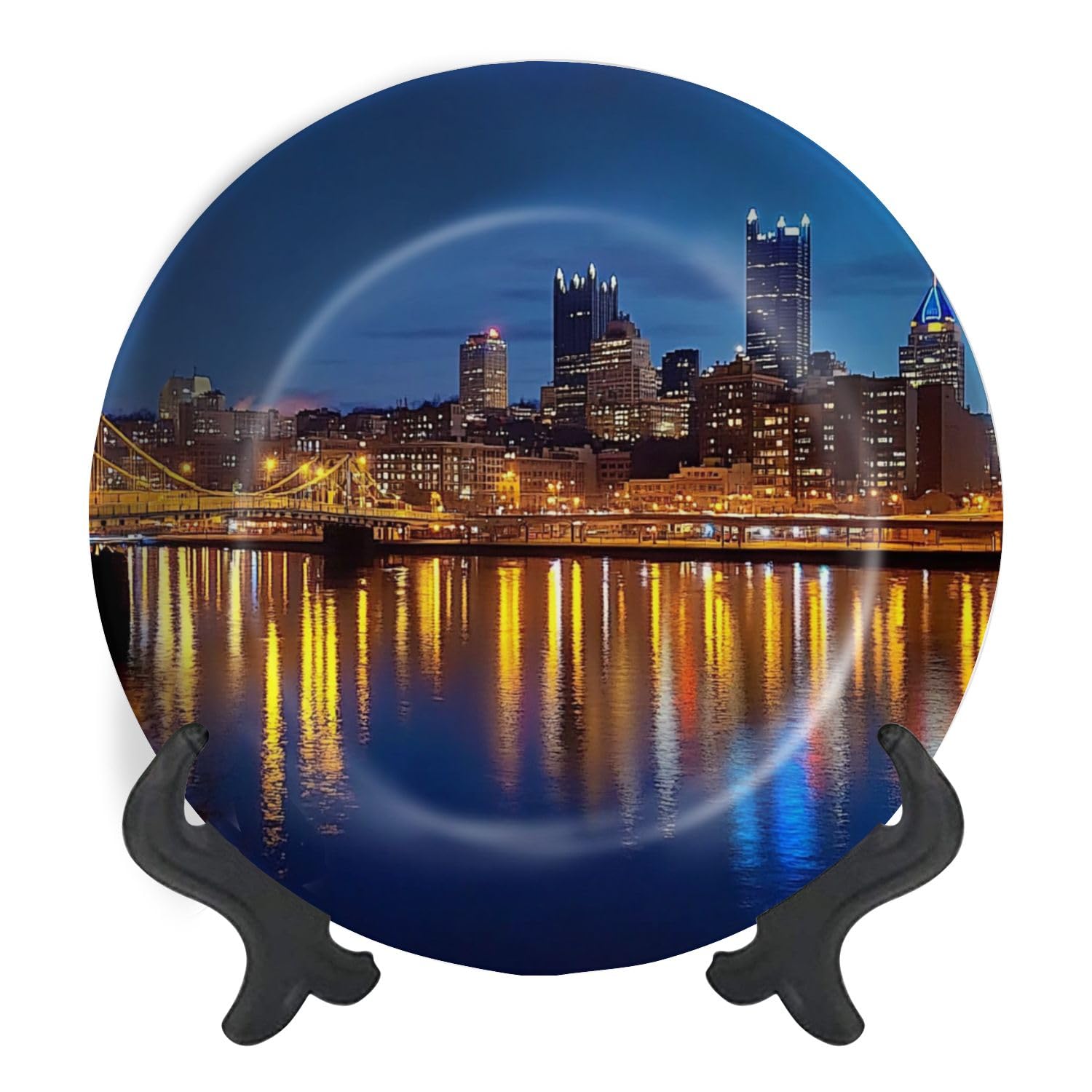 Decorative Plates for Display Skyline water view night clear sky Gift Plates Ceramic Collections Plates Hanging Artwork for Living Dining Room Kitchen Souvenir