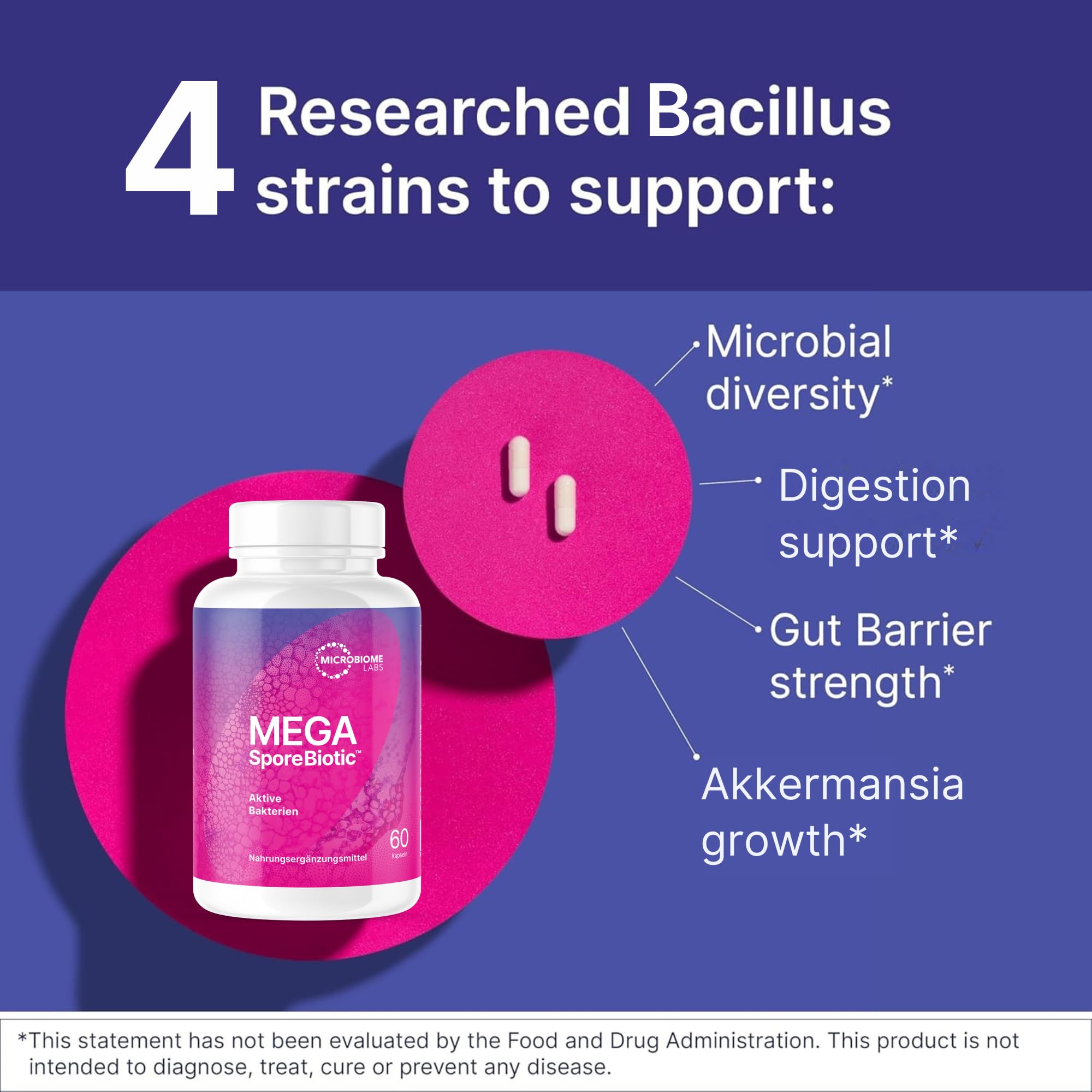 Microbiome Labs MegaSporeBiotic – Sporenbasiertes Probiotikum mit 4 Bacillus-Stämmen, aktive Bakterien für Männer & Frauen, vegan, zur Unterstützung der Darmflora, lagerstabil, 60 Kapseln