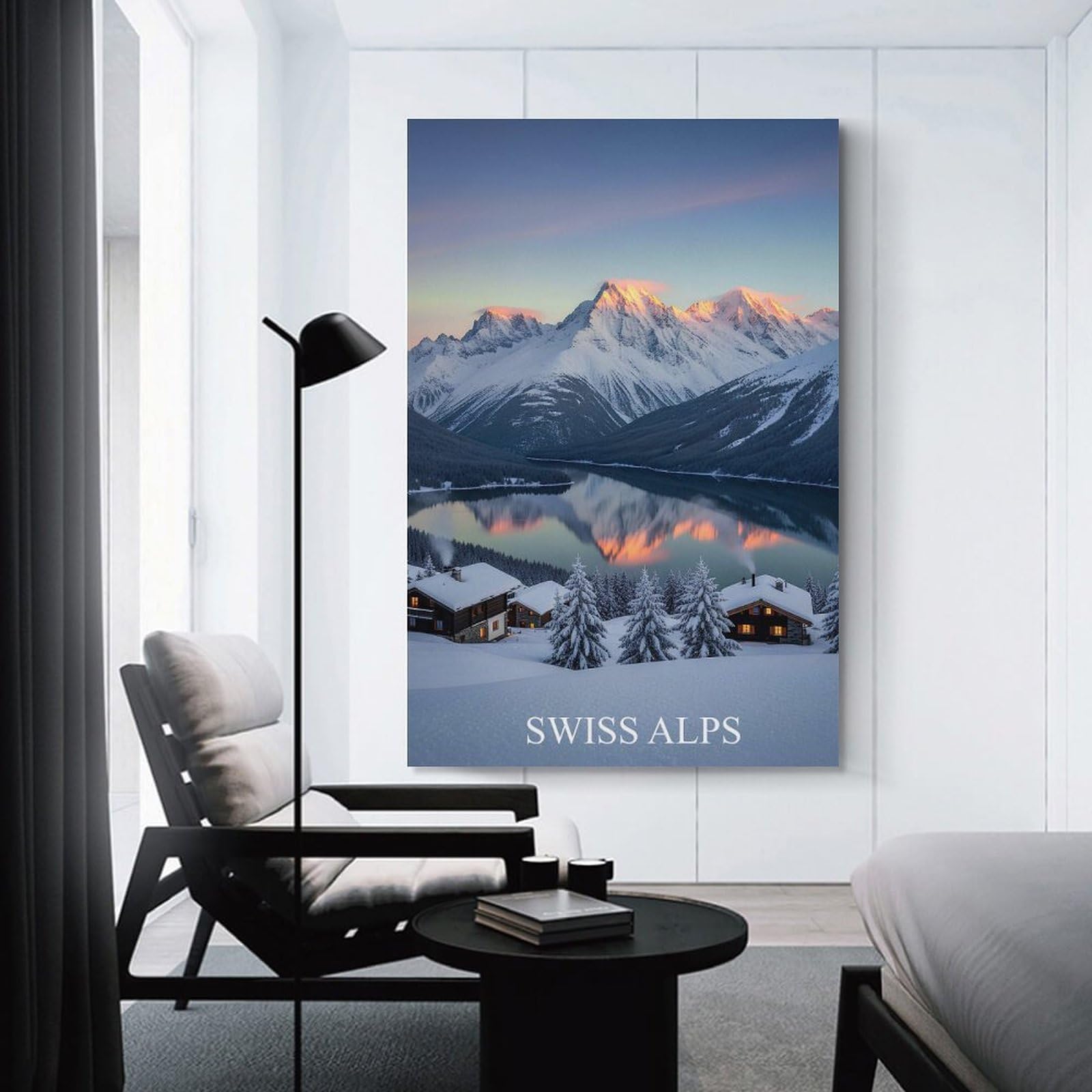 Junmoney Swiss Alps Winter Landscape Hanging Wall Art, 24x36inch(60x90cm), for New Homes, Bedrooms Or Workspaces, Thoughtful Wall Decor for Art Lovers