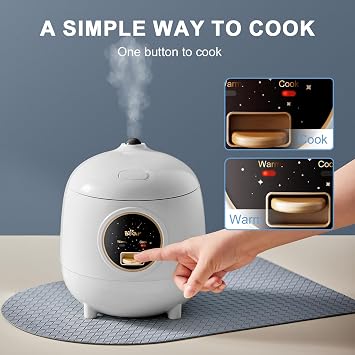 Bear Mini Rice Cooker, 2-Cup Uncooked, Nonstick, Keep Warm, BPA Free, White | Portable 1.2L nonstick small rice cooker for travel, dorm, single serve. One-touch operation, removable pot, auto keep warm