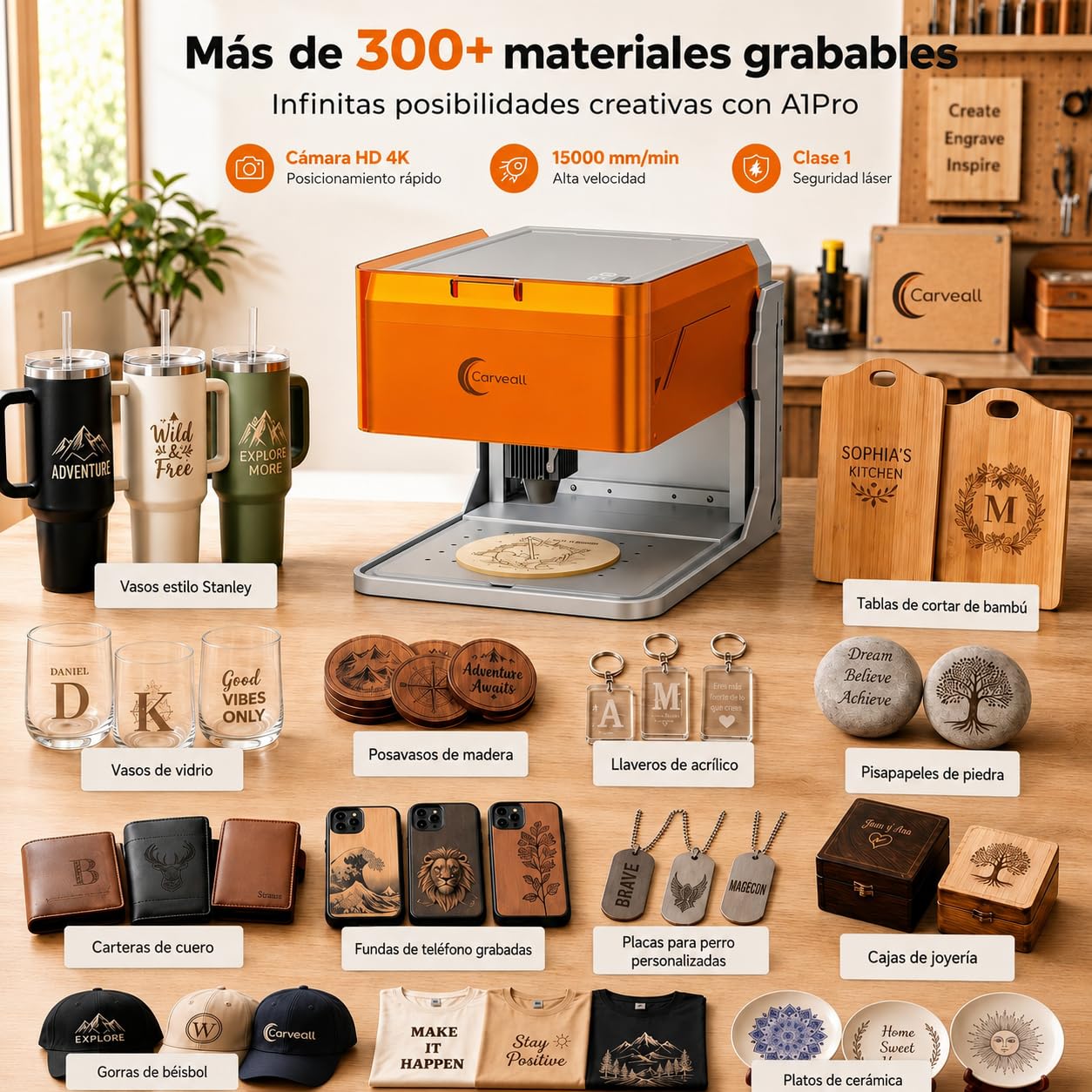 A1 PRO 5W Grabadora Láser Clase 1, Máquina de Grabado Cerrada con Cámara HD, WiFi y Software con IA, Precisión de 0,01 mm, Portátil para Madera, Cuero, Metal y Vidrio