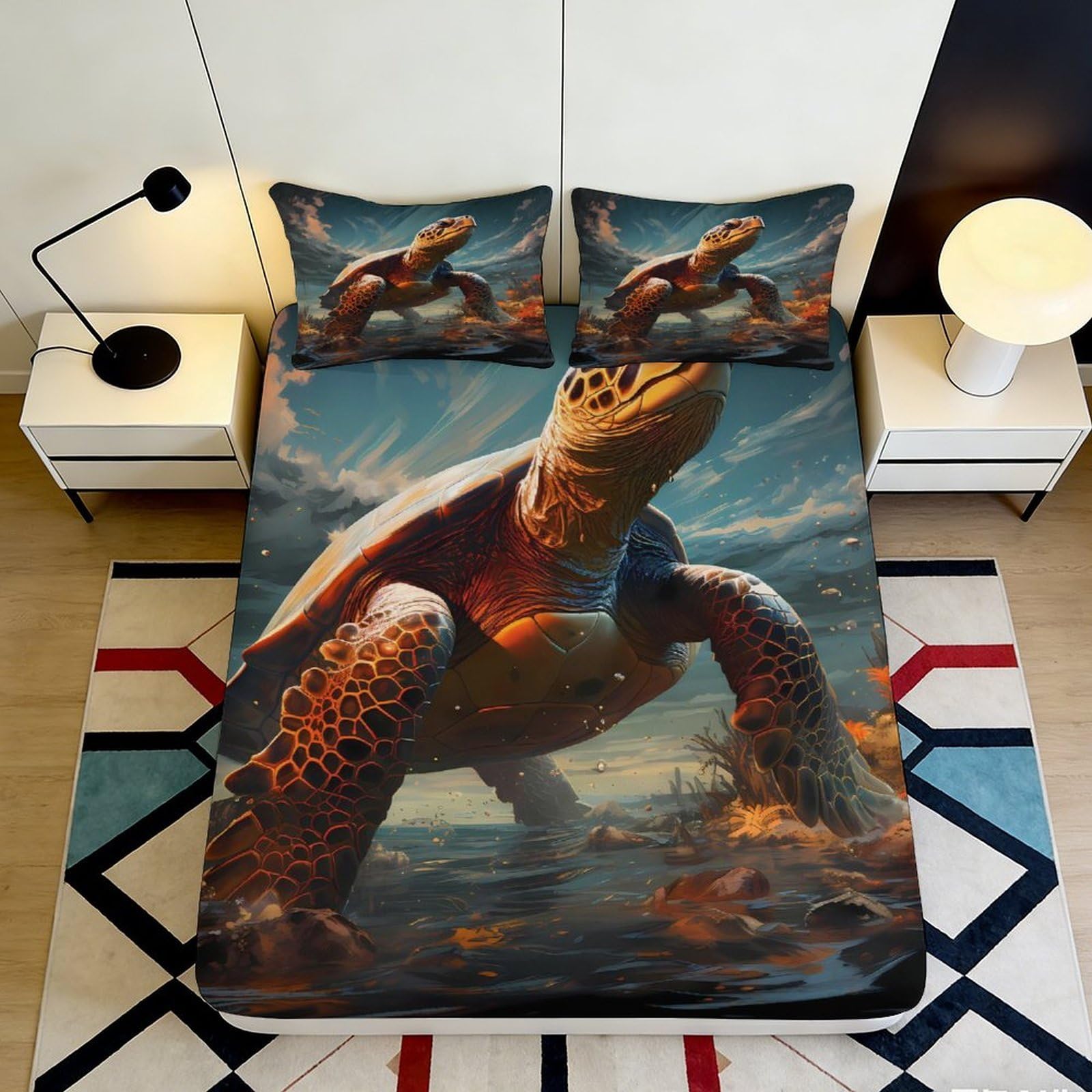 3D Printed Sea Turtle Ocean Fitted Sheet Microfiber Soft Breathable Beach Sunset Mattress Cover for Bedroom Dorm Decor 90x200x25cm