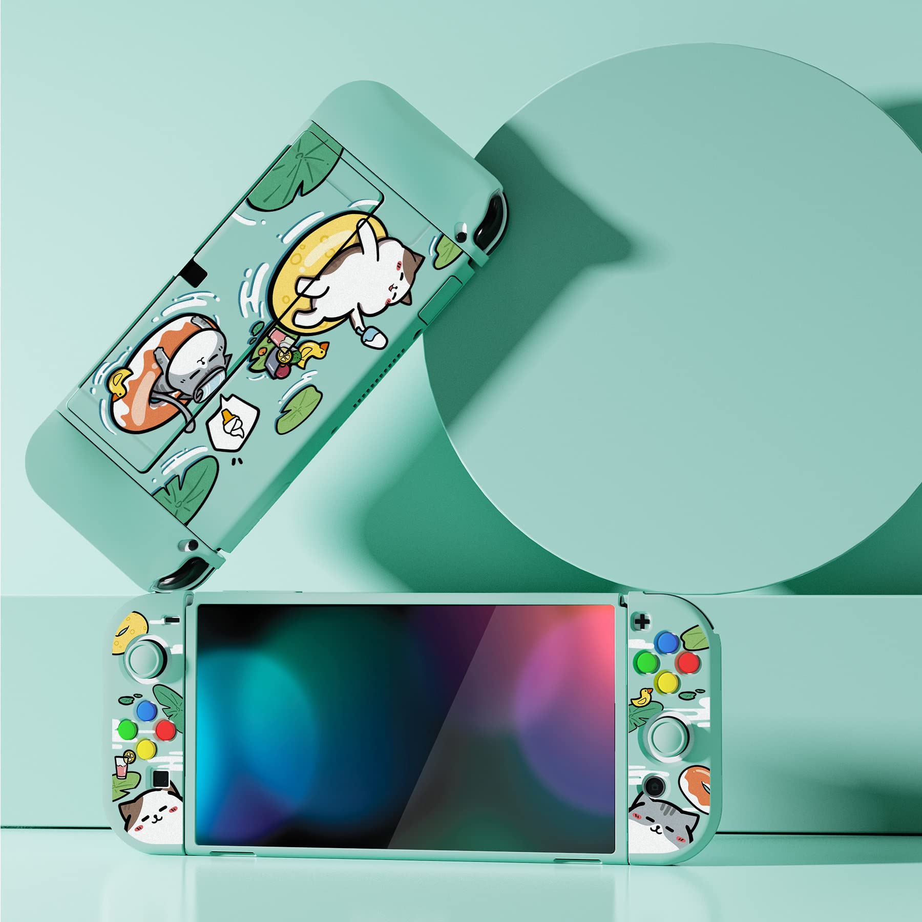 PlayVital Funda Suave para Nintendo Switch OLED - Carcasa Protectora Ergonómica para Joy-con, Grip Antideslizante con Tapas de Joysticks y Botones ABXY & Dirección (Gatos en Piscina) — view 3