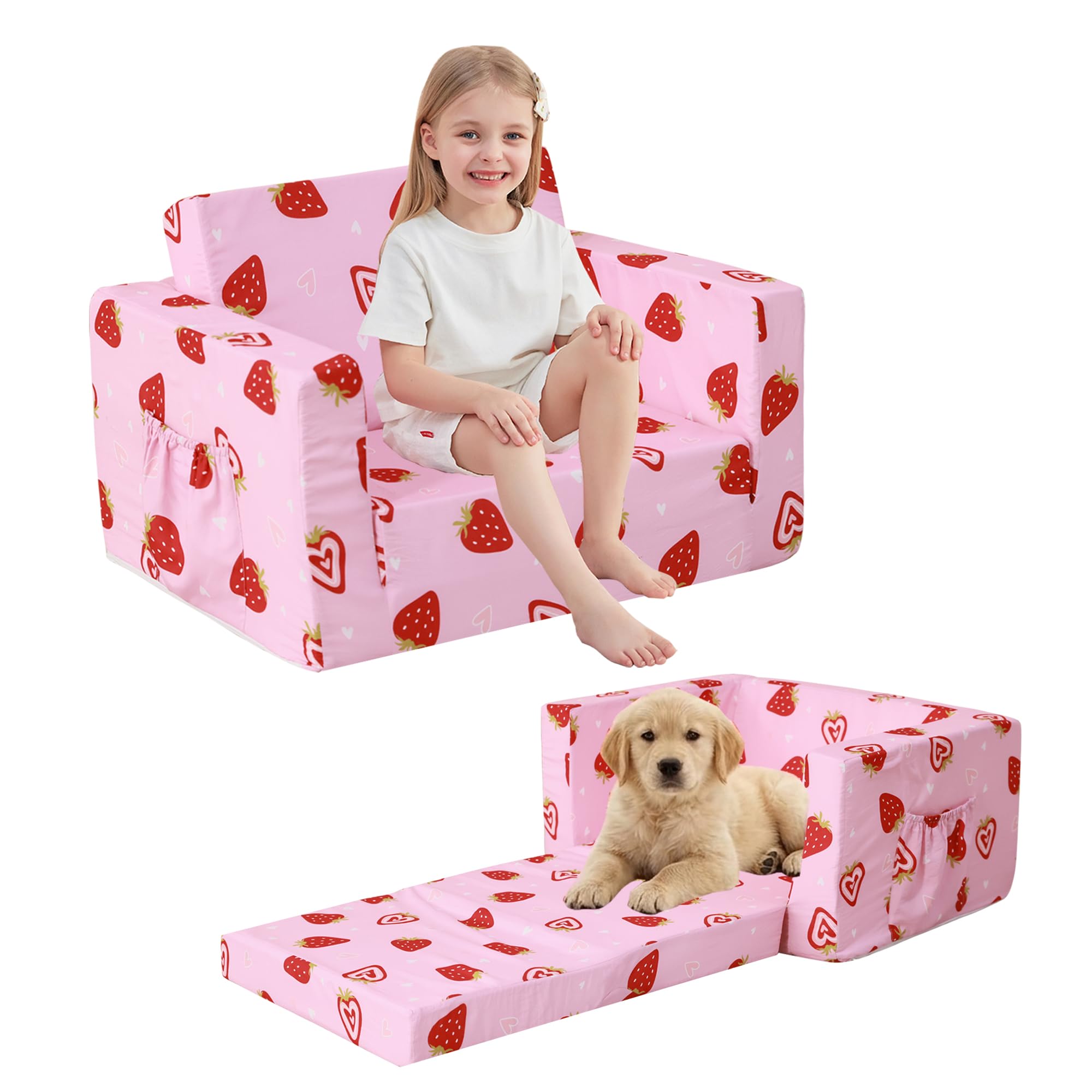 lasoftan Toddler Couch, 2-in-1 Soft Kids Couch Bed Fold Out, Toddler Chairs Comfy for Boys & Girls, Convertible Kids Sofa to Lounge for Playroom, Gift