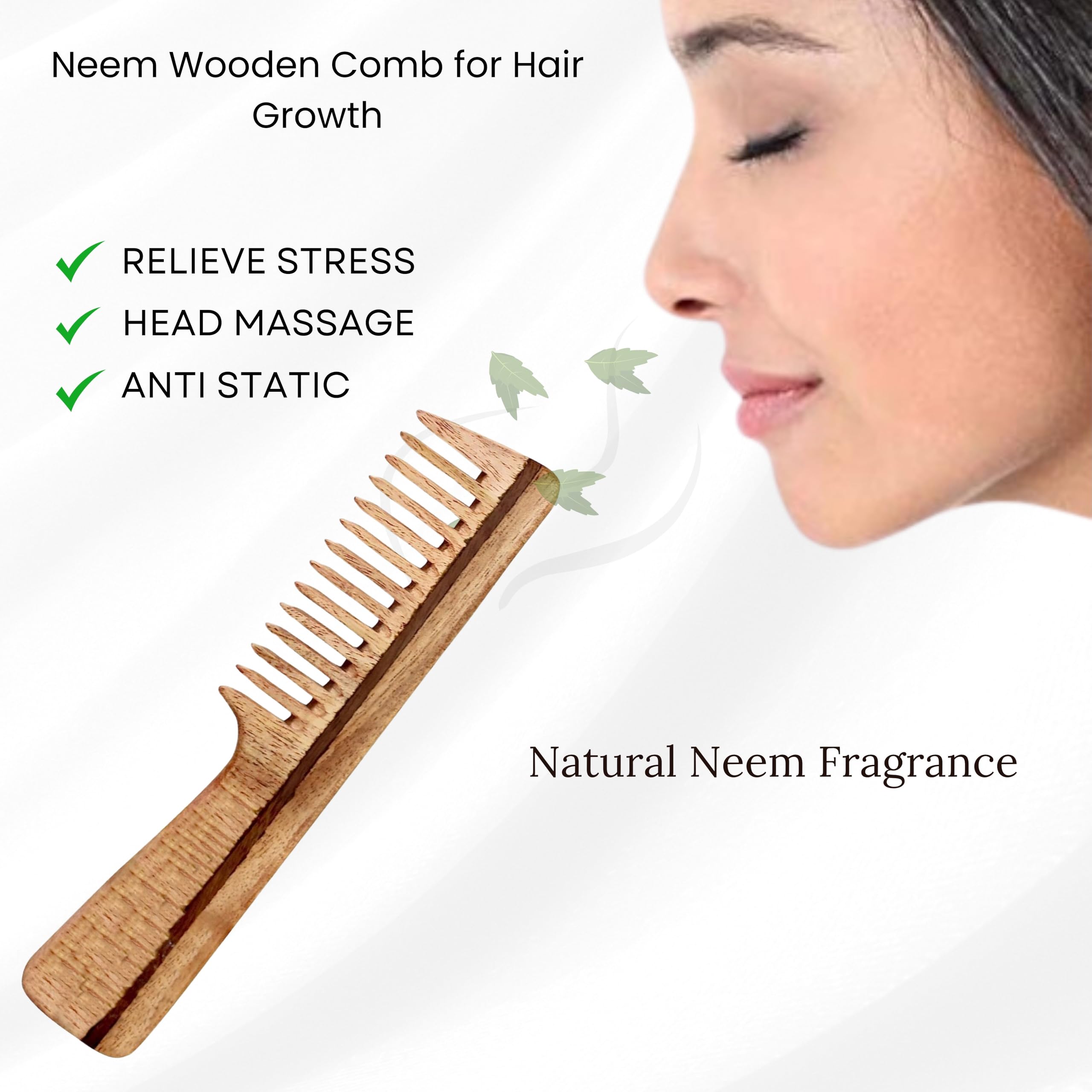 THE Unltd India Handmade Kacchi Neem Wood Comb with Handle, Brown, 7 Inch - Image 2