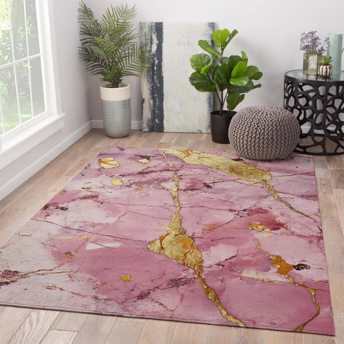 Carpette moderne effet marbre rose et or surface douce