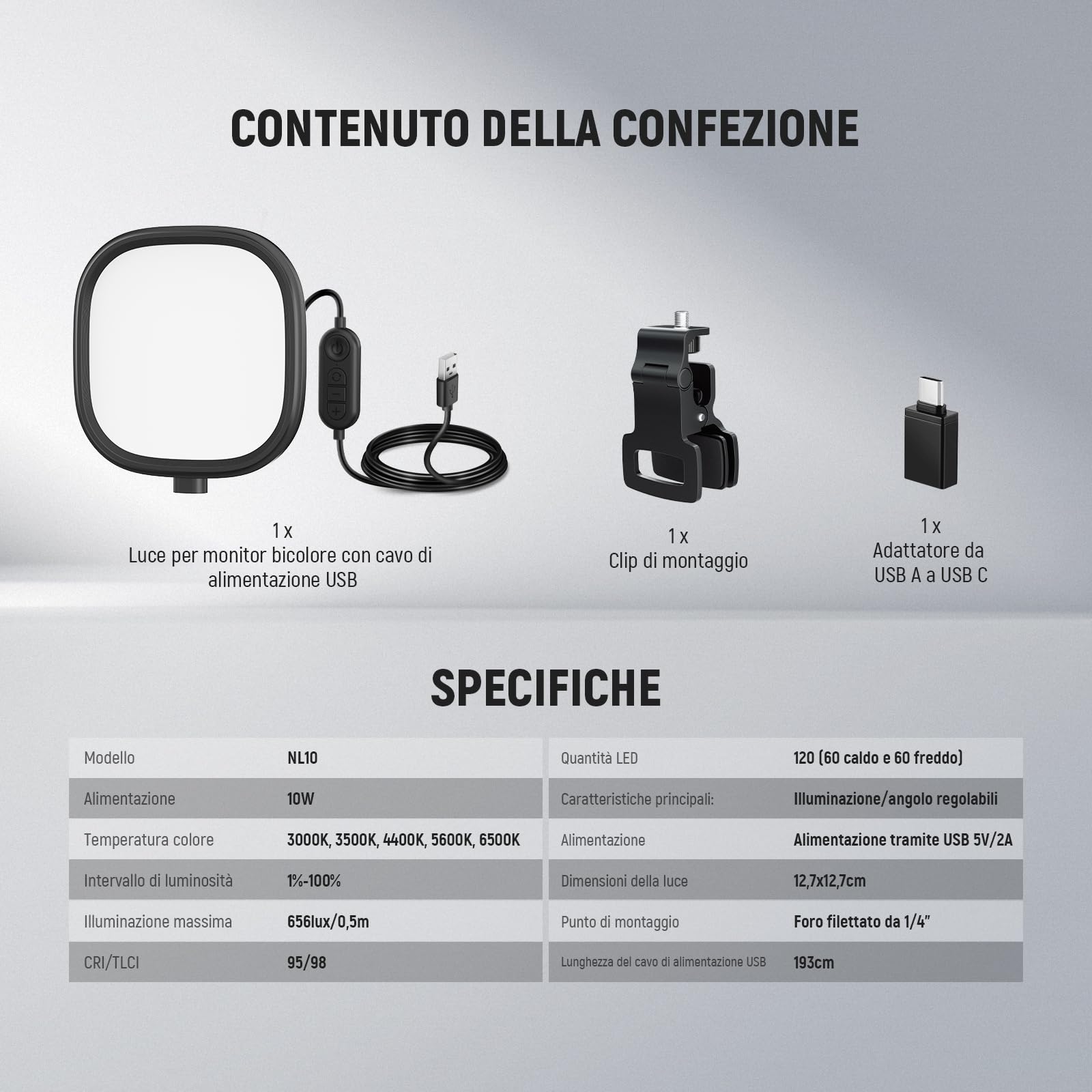 NEEWER Basics Luce Streaming LED da 10W 5”, Lampada da Scrivania USB a Schermo Intero Edge Lit con Clip Bicolore CRI95 per Monitor Laptop Computer Webcam Videoconferenza Zoom Call Registrazione, NL10