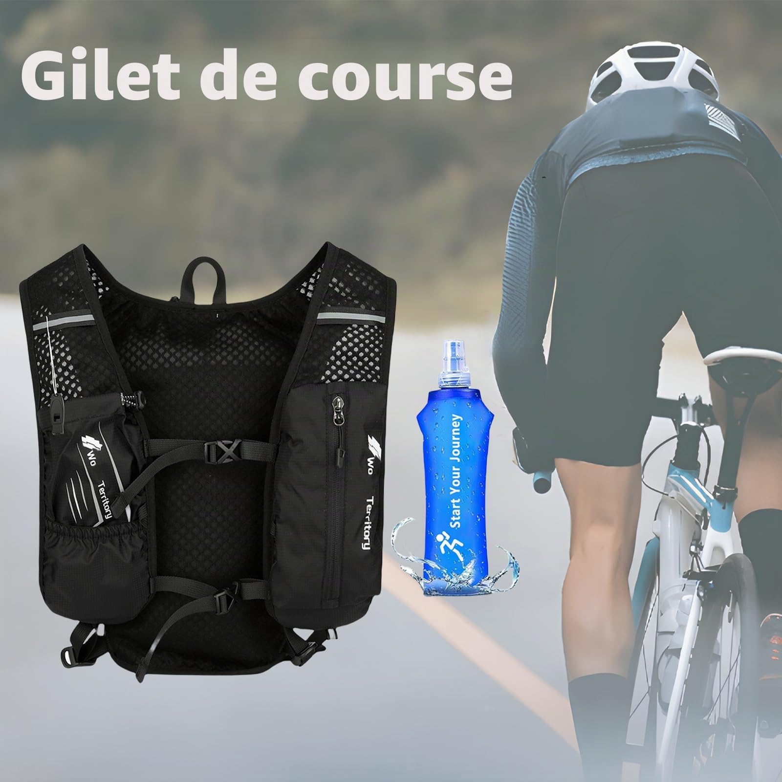 Gilet de course avec bouteille d'eau de 500 ml pour homme et femme - Sangles de poitrine réglables - Gilet de course réfléchissant ultra léger - Pour la course, le cyclisme, les trails, les marathons
