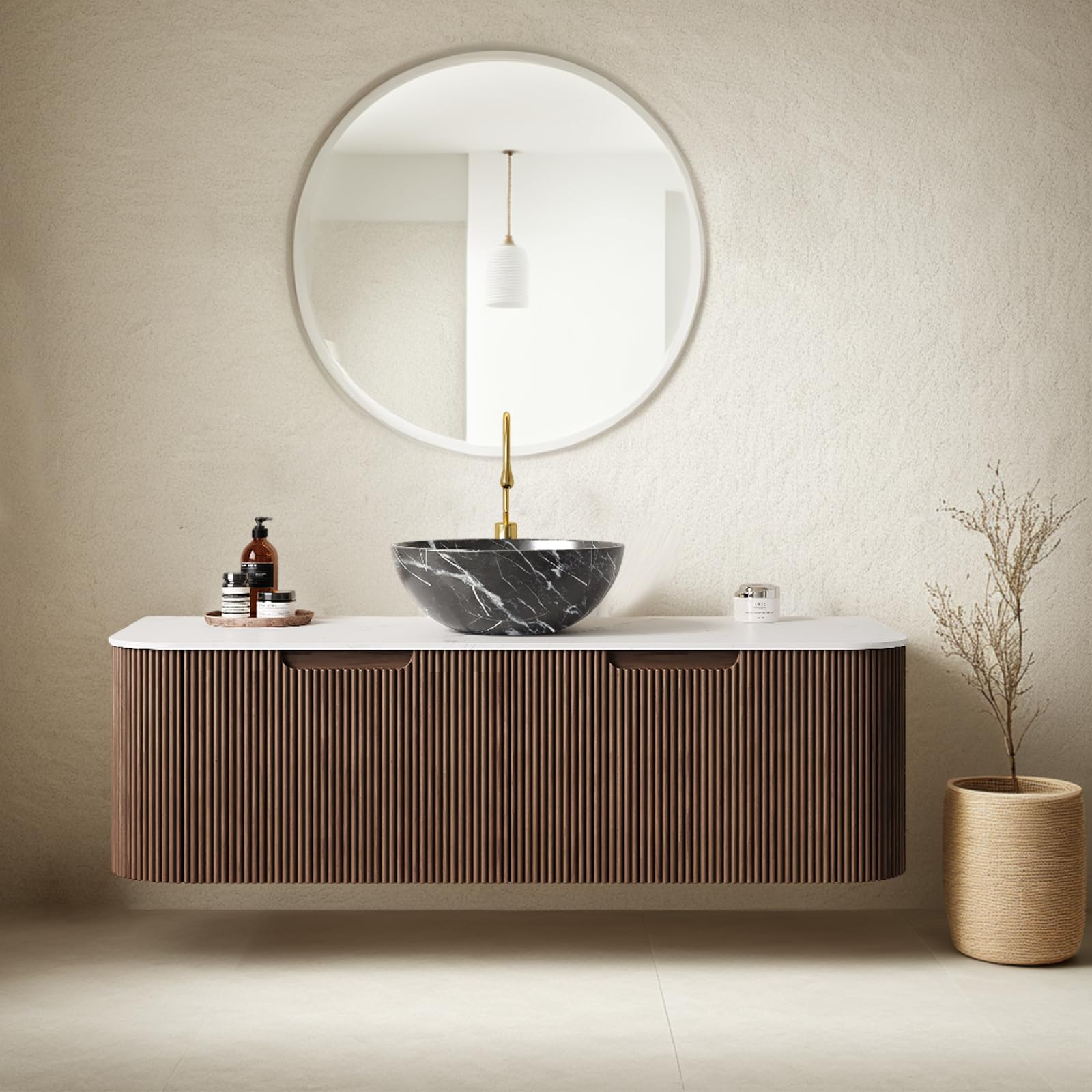 AmbroVania 48" Floating Bathroom Vanity with Sink, Wall-Mount Cabinet with 2 Large Storage Drawer, Black Bowl Ceramic Basins and Marble Top,